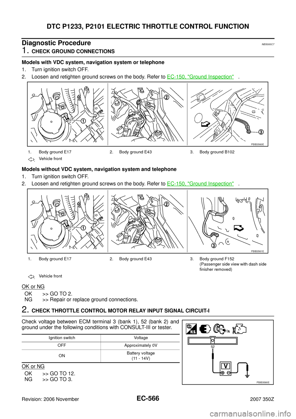 NISSAN 350Z 2007 Z33 Engine Control Workshop Manual EC-566
DTC P1233, P2101 ELECTRIC THROTTLE CONTROL FUNCTION
Revision: 2006 November2007 350Z
Diagnostic ProcedureNBS000C7
1. CHECK GROUND CONNECTIONS
Models with VDC system, navigation system or teleph