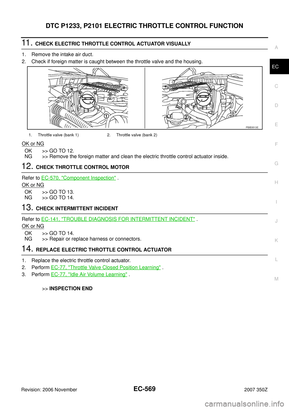 NISSAN 350Z 2007 Z33 Engine Control Workshop Manual DTC P1233, P2101 ELECTRIC THROTTLE CONTROL FUNCTION
EC-569
C
D
E
F
G
H
I
J
K
L
MA
EC
Revision: 2006 November2007 350Z
11 .  CHECK ELECTRIC THROTTLE CONTROL ACTUATOR VISUALLY 
1. Remove the intake air 