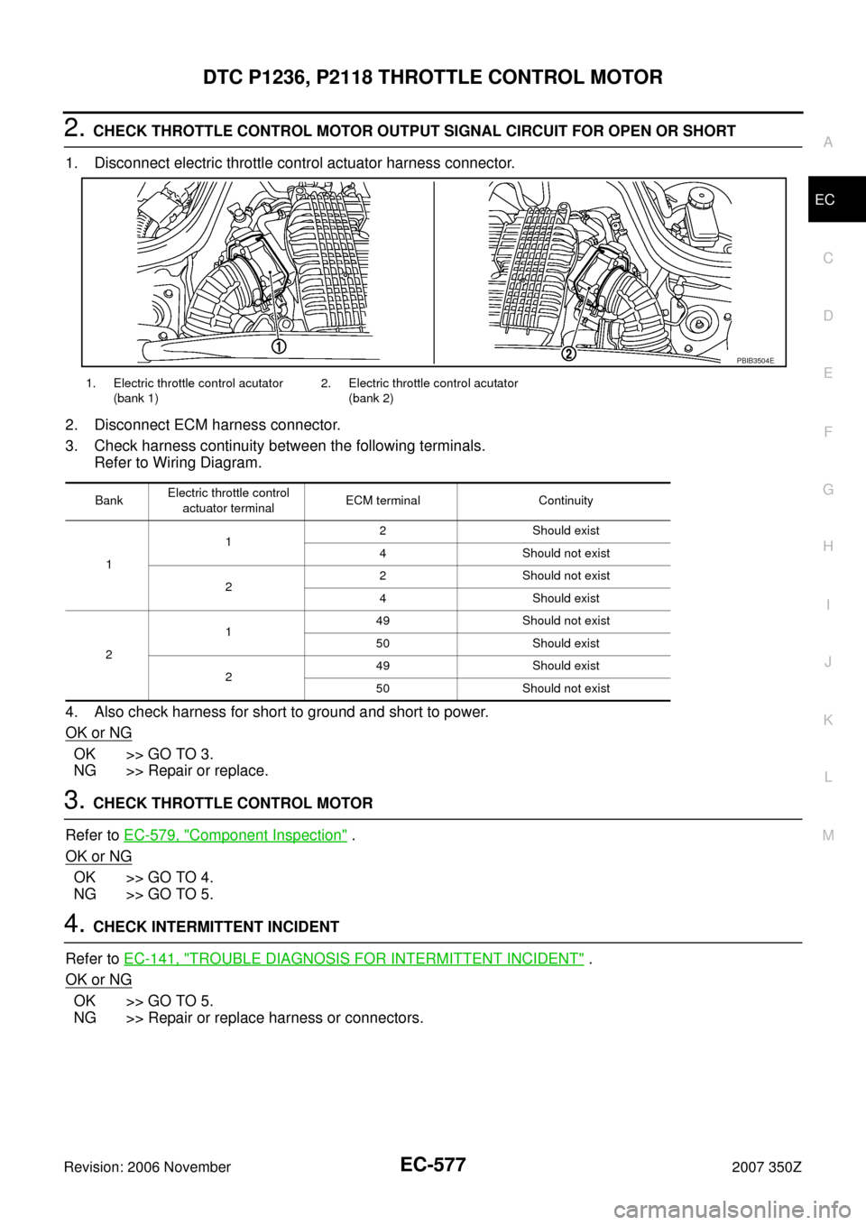 NISSAN 350Z 2007 Z33 Engine Control Workshop Manual DTC P1236, P2118 THROTTLE CONTROL MOTOR
EC-577
C
D
E
F
G
H
I
J
K
L
MA
EC
Revision: 2006 November2007 350Z
2. CHECK THROTTLE CONTROL MOTOR OUTPUT SIGNAL CIRCUIT FOR OPEN OR SHORT
1. Disconnect electric NISSAN 350Z 2007 Z33 Engine Control Workshop Manual DTC P1236, P2118 THROTTLE CONTROL MOTOR
EC-577
C
D
E
F
G
H
I
J
K
L
MA
EC
Revision: 2006 November2007 350Z
2. CHECK THROTTLE CONTROL MOTOR OUTPUT SIGNAL CIRCUIT FOR OPEN OR SHORT
1. Disconnect electric
