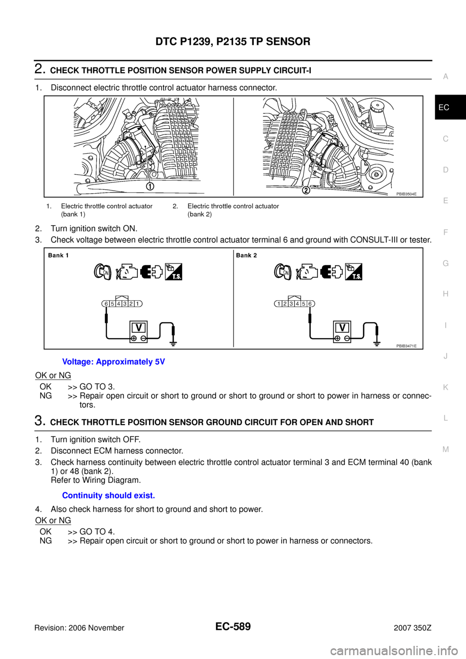 NISSAN 350Z 2007 Z33 Engine Control Workshop Manual DTC P1239, P2135 TP SENSOR
EC-589
C
D
E
F
G
H
I
J
K
L
MA
EC
Revision: 2006 November2007 350Z
2. CHECK THROTTLE POSITION SENSOR POWER SUPPLY CIRCUIT-I
1. Disconnect electric throttle control actuator h NISSAN 350Z 2007 Z33 Engine Control Workshop Manual DTC P1239, P2135 TP SENSOR
EC-589
C
D
E
F
G
H
I
J
K
L
MA
EC
Revision: 2006 November2007 350Z
2. CHECK THROTTLE POSITION SENSOR POWER SUPPLY CIRCUIT-I
1. Disconnect electric throttle control actuator h