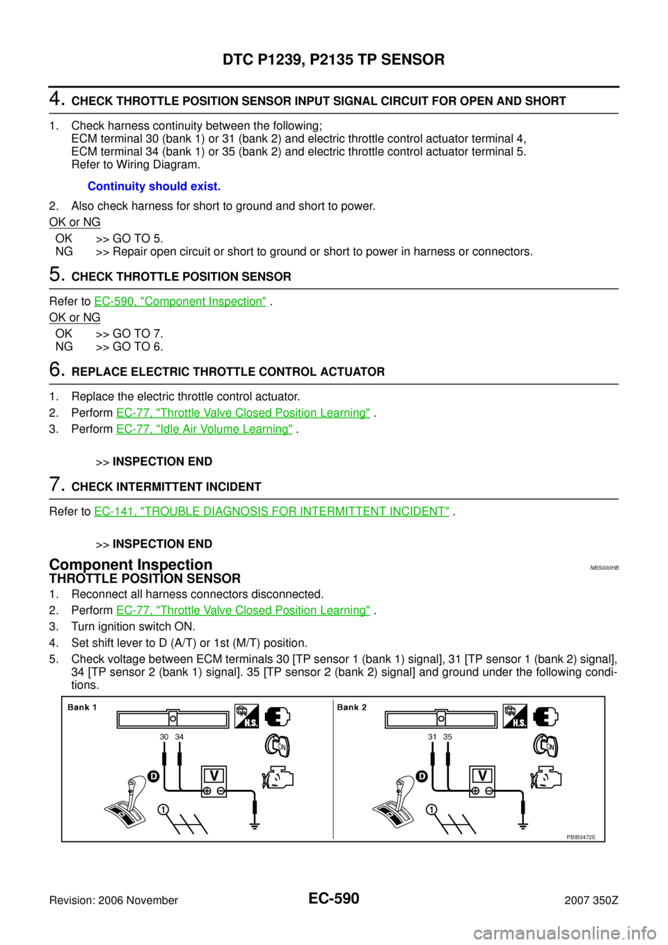 NISSAN 350Z 2007 Z33 Engine Control Workshop Manual EC-590
DTC P1239, P2135 TP SENSOR
Revision: 2006 November2007 350Z
4. CHECK THROTTLE POSITION SENSOR INPUT SIGNAL CIRCUIT FOR OPEN AND SHORT
1. Check harness continuity between the following;
ECM term NISSAN 350Z 2007 Z33 Engine Control Workshop Manual EC-590
DTC P1239, P2135 TP SENSOR
Revision: 2006 November2007 350Z
4. CHECK THROTTLE POSITION SENSOR INPUT SIGNAL CIRCUIT FOR OPEN AND SHORT
1. Check harness continuity between the following;
ECM term