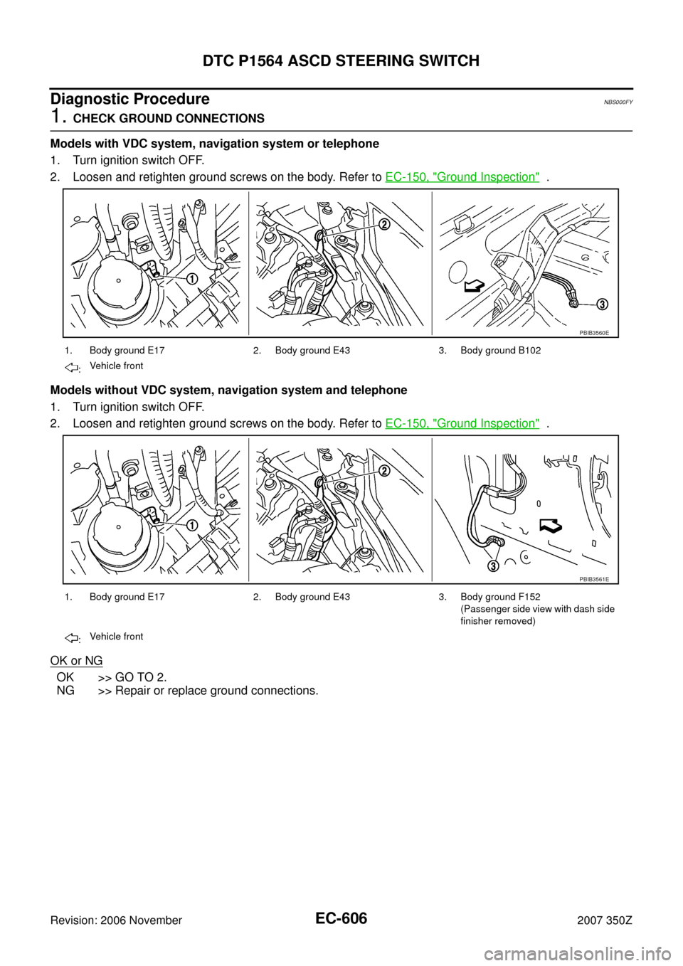 NISSAN 350Z 2007 Z33 Engine Control Workshop Manual EC-606
DTC P1564 ASCD STEERING SWITCH
Revision: 2006 November2007 350Z
Diagnostic ProcedureNBS000FY
1. CHECK GROUND CONNECTIONS
Models with VDC system, navigation system or telephone
1. Turn ignition 