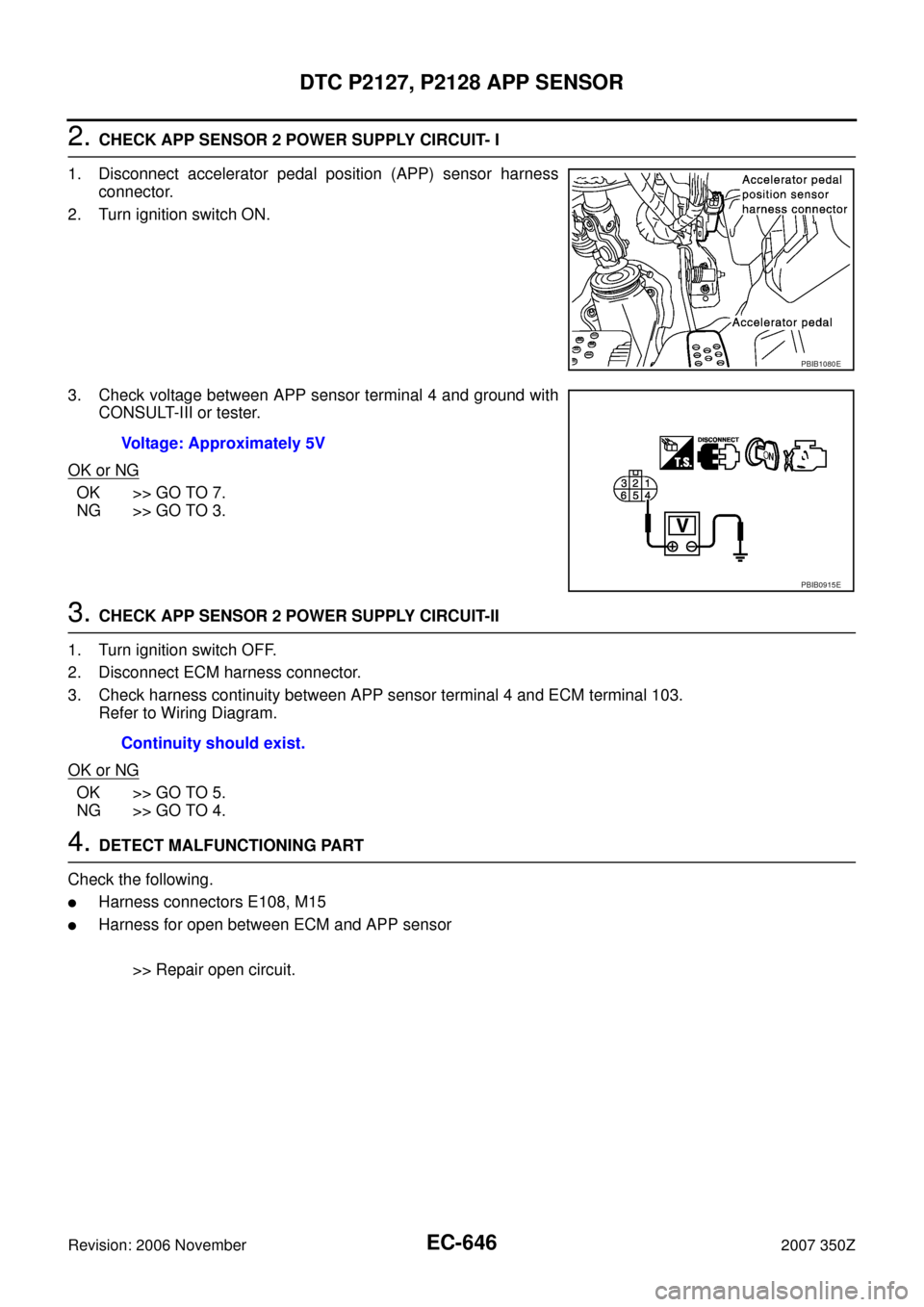 NISSAN 350Z 2007 Z33 Engine Control Workshop Manual EC-646
DTC P2127, P2128 APP SENSOR
Revision: 2006 November2007 350Z
2. CHECK APP SENSOR 2 POWER SUPPLY CIRCUIT- I
1. Disconnect accelerator pedal position (APP) sensor harness
connector.
2. Turn ignit