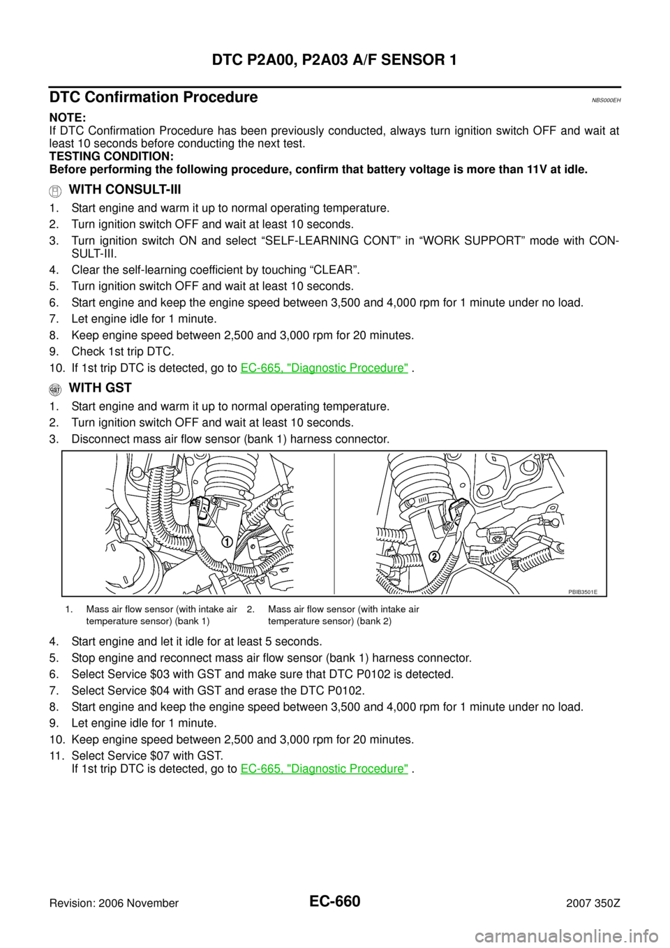 NISSAN 350Z 2007 Z33 Engine Control Workshop Manual EC-660
DTC P2A00, P2A03 A/F SENSOR 1
Revision: 2006 November2007 350Z
DTC Confirmation ProcedureNBS000EH
NOTE:
If DTC Confirmation Procedure has been previously conducted, always turn ignition switch NISSAN 350Z 2007 Z33 Engine Control Workshop Manual EC-660
DTC P2A00, P2A03 A/F SENSOR 1
Revision: 2006 November2007 350Z
DTC Confirmation ProcedureNBS000EH
NOTE:
If DTC Confirmation Procedure has been previously conducted, always turn ignition switch