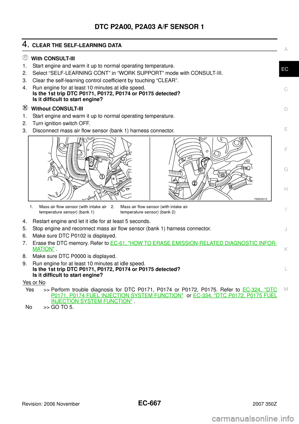 NISSAN 350Z 2007 Z33 Engine Control Workshop Manual DTC P2A00, P2A03 A/F SENSOR 1
EC-667
C
D
E
F
G
H
I
J
K
L
MA
EC
Revision: 2006 November2007 350Z
4. CLEAR THE SELF-LEARNING DATA
With CONSULT-III
1. Start engine and warm it up to normal operating tem NISSAN 350Z 2007 Z33 Engine Control Workshop Manual DTC P2A00, P2A03 A/F SENSOR 1
EC-667
C
D
E
F
G
H
I
J
K
L
MA
EC
Revision: 2006 November2007 350Z
4. CLEAR THE SELF-LEARNING DATA
With CONSULT-III
1. Start engine and warm it up to normal operating tem
