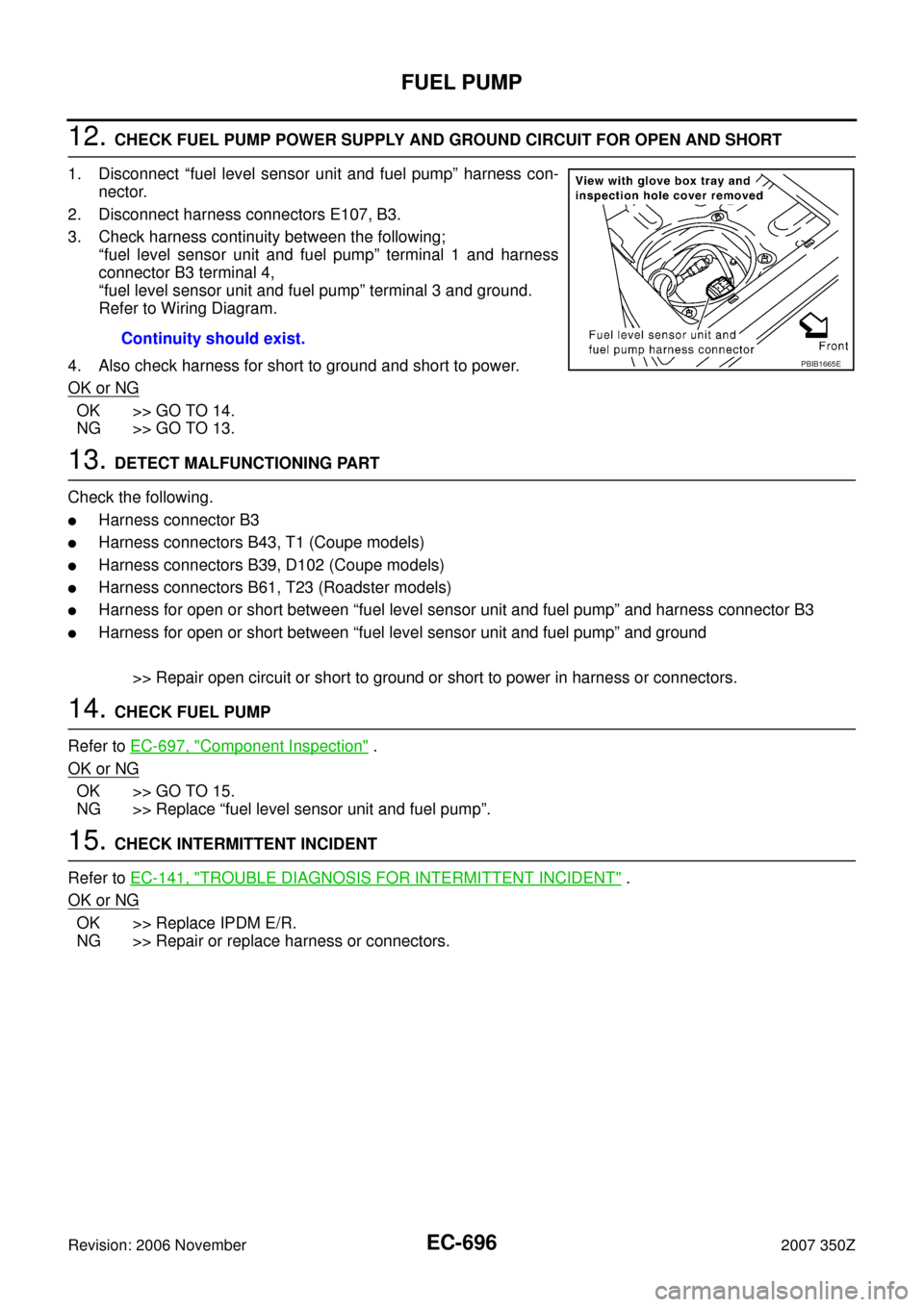 NISSAN 350Z 2007 Z33 Engine Control Workshop Manual EC-696
FUEL PUMP
Revision: 2006 November2007 350Z
12. CHECK FUEL PUMP POWER SUPPLY AND GROUND CIRCUIT FOR OPEN AND SHORT
1. Disconnect “fuel level sensor unit and fuel pump” harness con-
nector.
2 NISSAN 350Z 2007 Z33 Engine Control Workshop Manual EC-696
FUEL PUMP
Revision: 2006 November2007 350Z
12. CHECK FUEL PUMP POWER SUPPLY AND GROUND CIRCUIT FOR OPEN AND SHORT
1. Disconnect “fuel level sensor unit and fuel pump” harness con-
nector.
2
