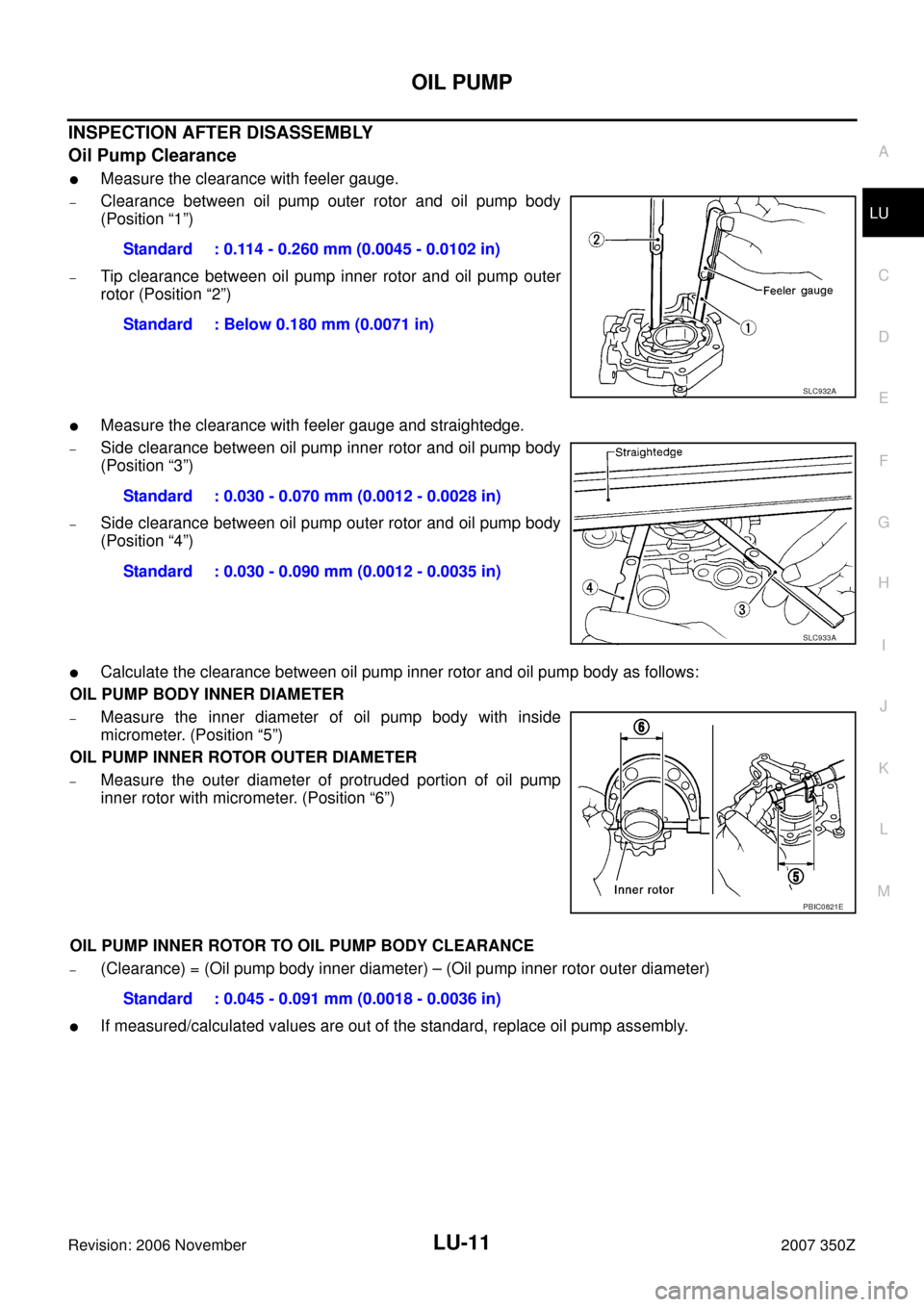 NISSAN 350Z 2007 Z33 Engine Lubrication System Workshop Manual OIL PUMP
LU-11
C
D
E
F
G
H
I
J
K
L
MA
LU
Revision: 2006 November2007 350Z
INSPECTION AFTER DISASSEMBLY
Oil Pump Clearance
Measure the clearance with feeler gauge.
–Clearance between oil pump outer 