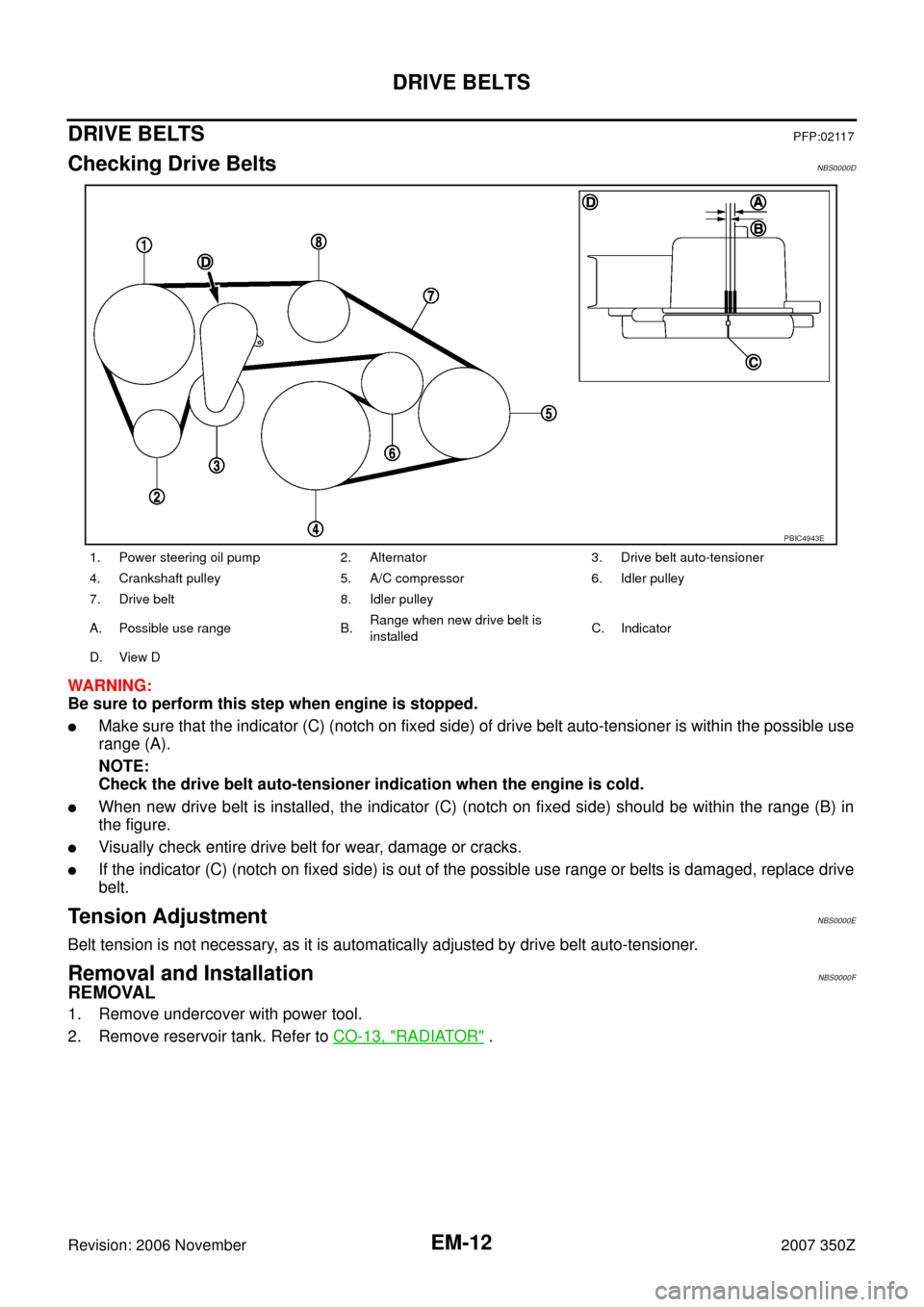 NISSAN 350Z 2007 Z33 Engine Mechanical Workshop Manual EM-12
DRIVE BELTS
Revision: 2006 November2007 350Z
DRIVE BELTSPFP:02117
Checking Drive BeltsNBS0000D
WARNING:
Be sure to perform this step when engine is stopped.
Make sure that the indicator (C) (no