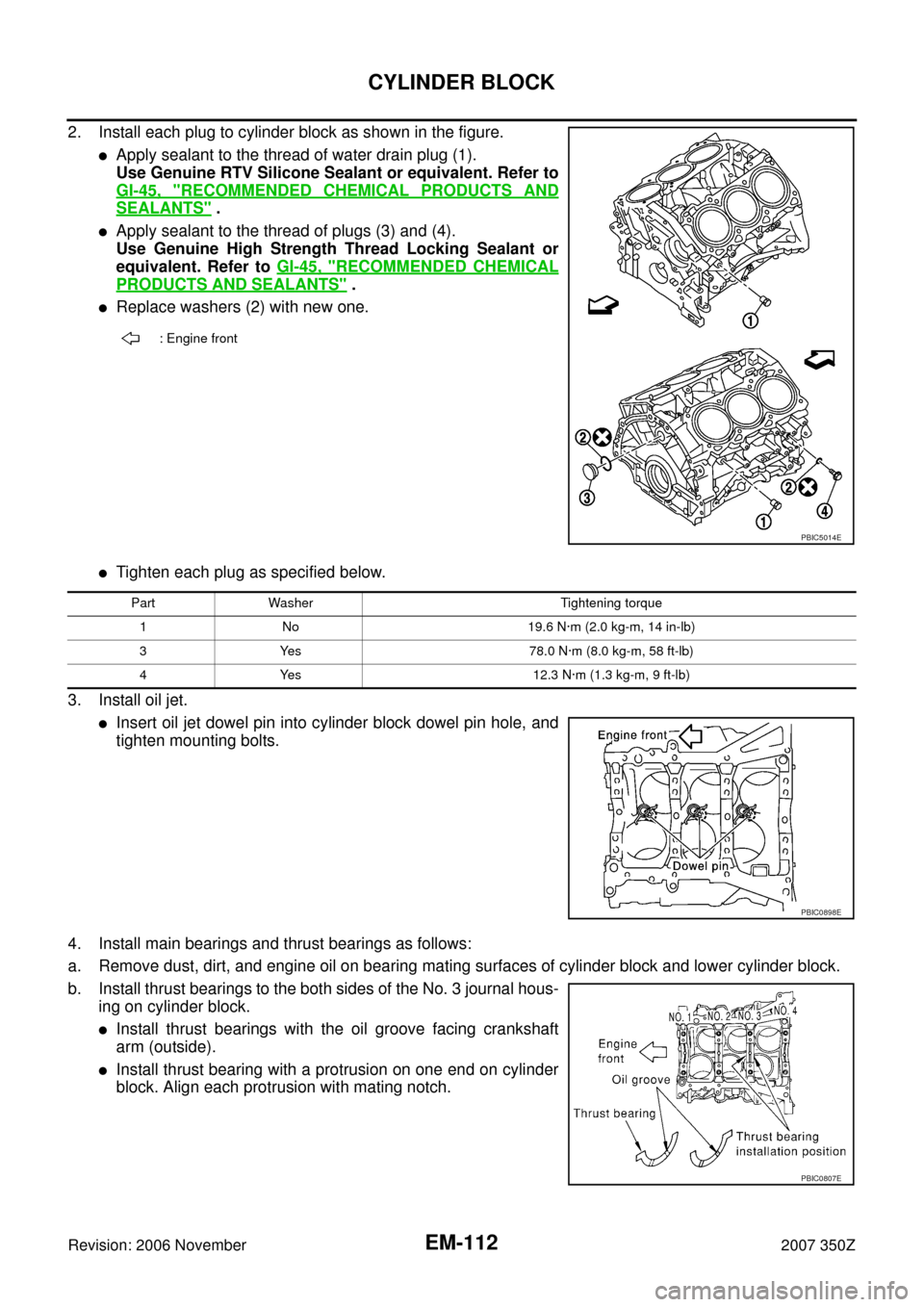 NISSAN 350Z 2007 Z33 Engine Mechanical Workshop Manual EM-112
CYLINDER BLOCK
Revision: 2006 November2007 350Z
2. Install each plug to cylinder block as shown in the figure.
Apply sealant to the thread of water drain plug (1).
Use Genuine RTV Silicone Sea NISSAN 350Z 2007 Z33 Engine Mechanical Workshop Manual EM-112
CYLINDER BLOCK
Revision: 2006 November2007 350Z
2. Install each plug to cylinder block as shown in the figure.
Apply sealant to the thread of water drain plug (1).
Use Genuine RTV Silicone Sea