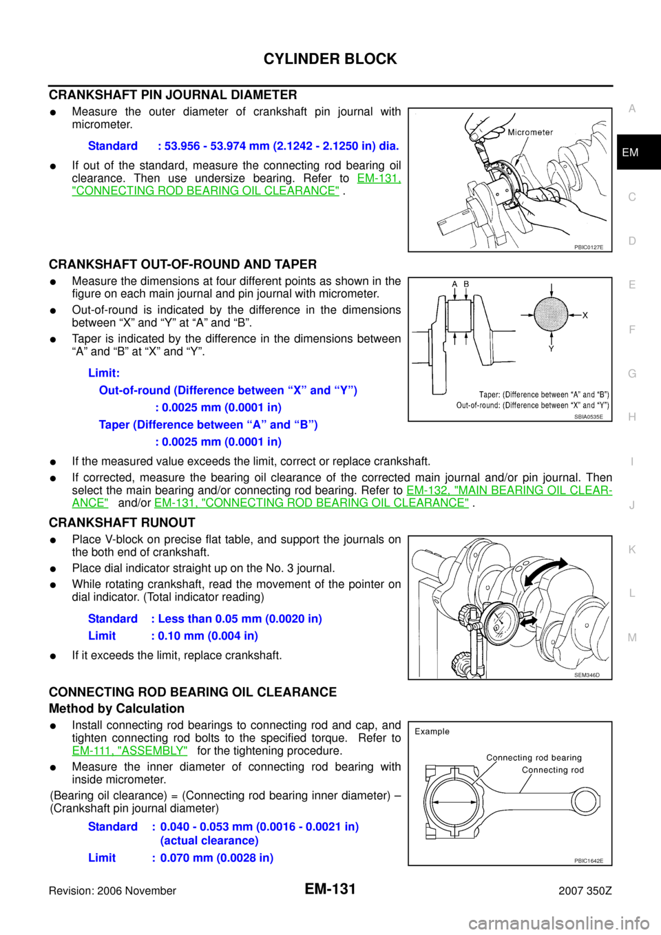 NISSAN 350Z 2007 Z33 Engine Mechanical Workshop Manual CYLINDER BLOCK
EM-131
C
D
E
F
G
H
I
J
K
L
MA
EM
Revision: 2006 November2007 350Z
CRANKSHAFT PIN JOURNAL DIAMETER
Measure the outer diameter of crankshaft pin journal with
micrometer.
If out of the s