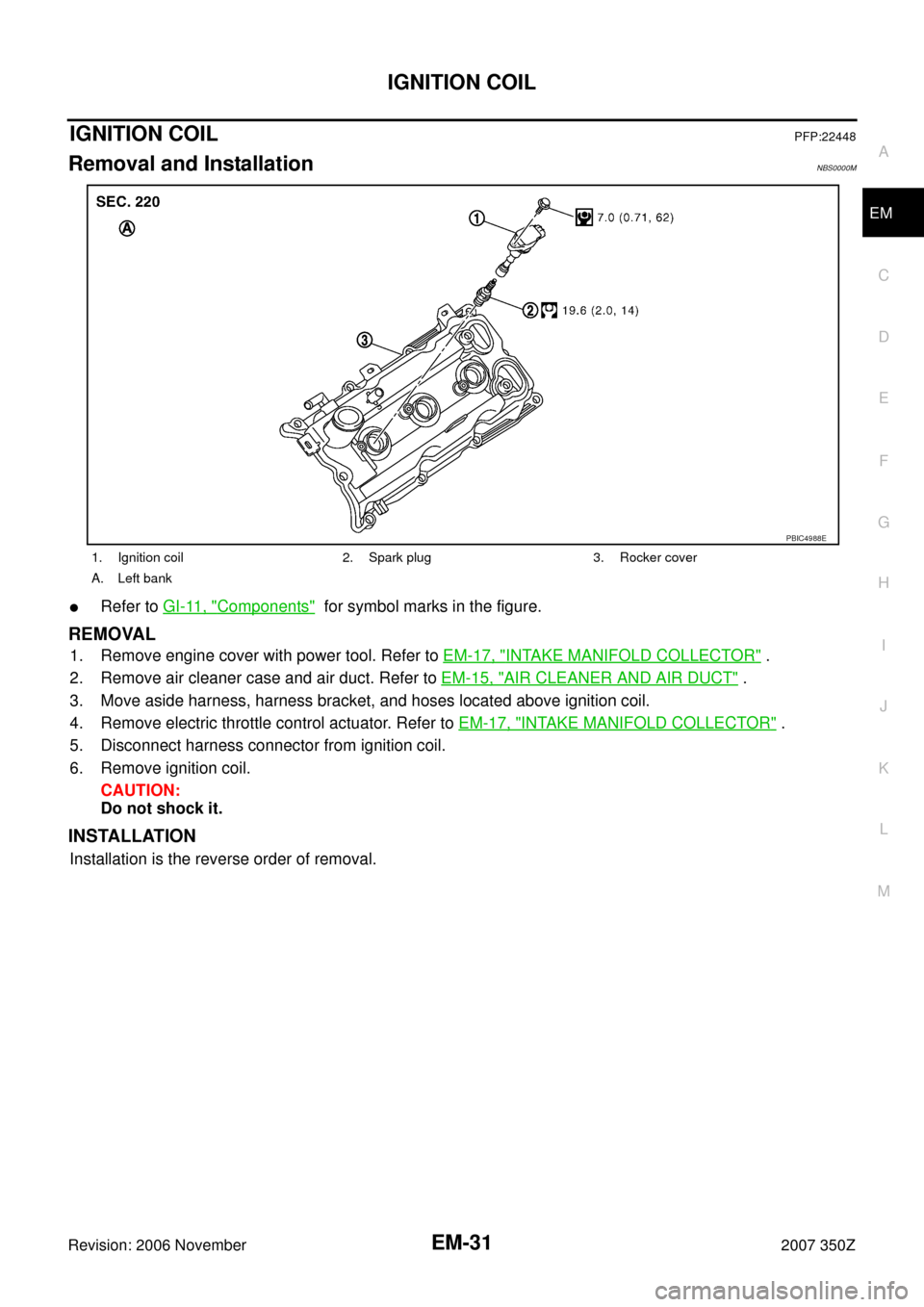 NISSAN 350Z 2007 Z33 Engine Mechanical Workshop Manual IGNITION COIL
EM-31
C
D
E
F
G
H
I
J
K
L
MA
EM
Revision: 2006 November2007 350Z
IGNITION COILPFP:22448
Removal and InstallationNBS0000M
Refer to GI-11, "Components"  for symbol marks in the figure.
RE