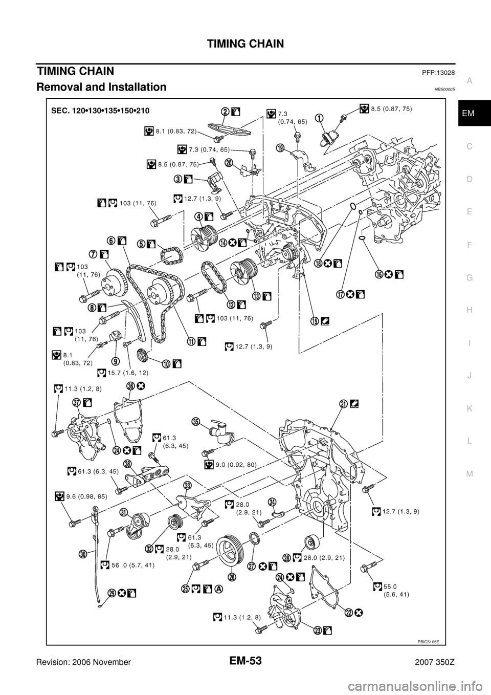 NISSAN 350Z 2007 Z33 Engine Mechanical Workshop Manual TIMING CHAIN
EM-53
C
D
E
F
G
H
I
J
K
L
MA
EM
Revision: 2006 November2007 350Z
TIMING CHAINPFP:13028
Removal and InstallationNBS0000S
PBIC5165E 