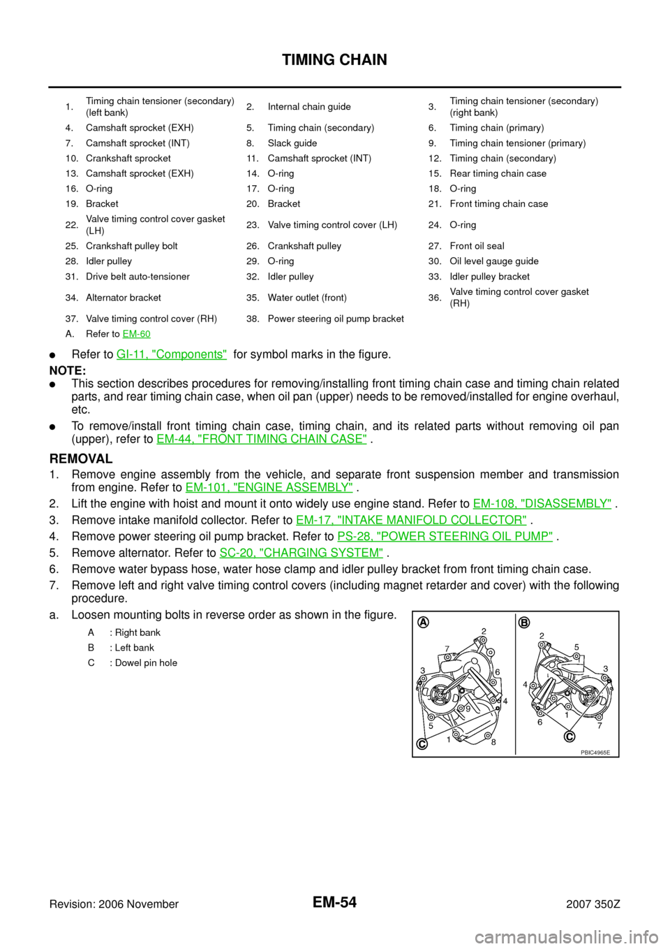 NISSAN 350Z 2007 Z33 Engine Mechanical Workshop Manual EM-54
TIMING CHAIN
Revision: 2006 November2007 350Z
Refer to GI-11, "Components" for symbol marks in the figure.
NOTE:
This section describes procedures for removing/installing front timing chain c NISSAN 350Z 2007 Z33 Engine Mechanical Workshop Manual EM-54
TIMING CHAIN
Revision: 2006 November2007 350Z
Refer to GI-11, "Components" for symbol marks in the figure.
NOTE:
This section describes procedures for removing/installing front timing chain c
