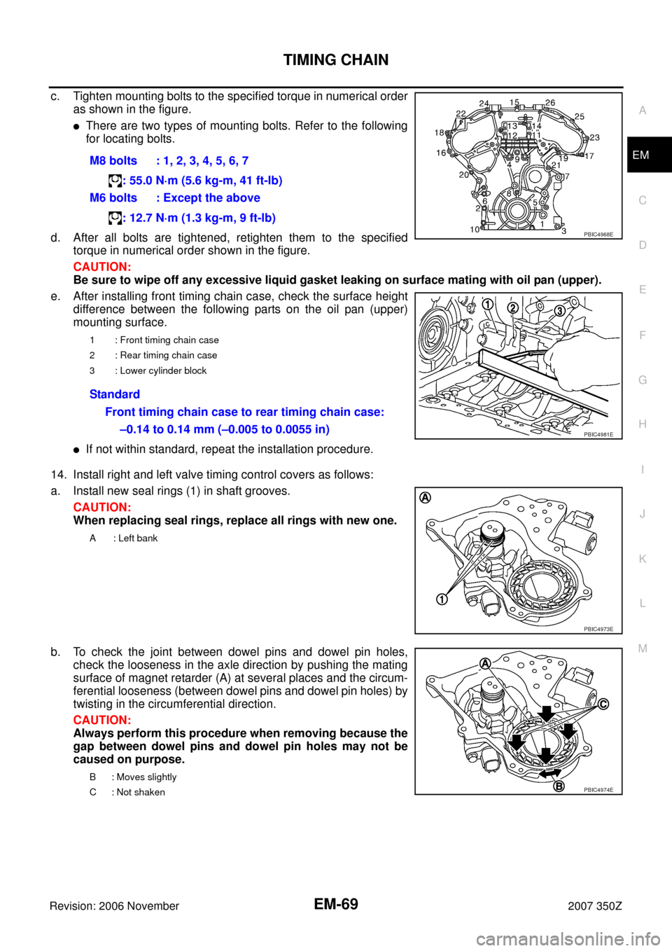 NISSAN 350Z 2007 Z33 Engine Mechanical Workshop Manual TIMING CHAIN
EM-69
C
D
E
F
G
H
I
J
K
L
MA
EM
Revision: 2006 November2007 350Z
c. Tighten mounting bolts to the specified torque in numerical order
as shown in the figure.
There are two types of mount NISSAN 350Z 2007 Z33 Engine Mechanical Workshop Manual TIMING CHAIN
EM-69
C
D
E
F
G
H
I
J
K
L
MA
EM
Revision: 2006 November2007 350Z
c. Tighten mounting bolts to the specified torque in numerical order
as shown in the figure.
There are two types of mount