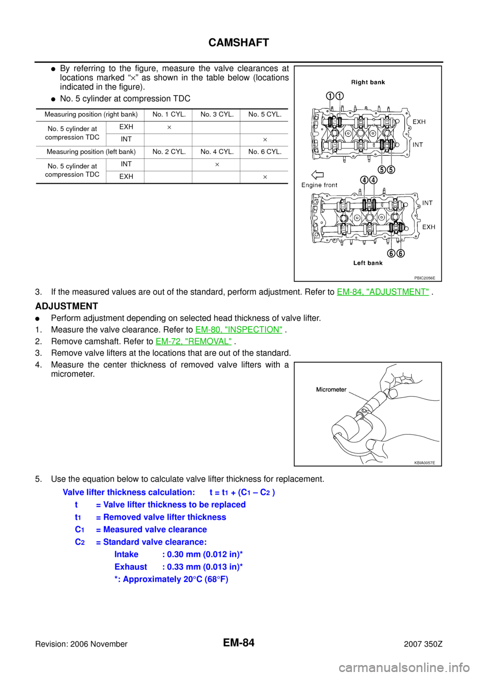 NISSAN 350Z 2007 Z33 Engine Mechanical Workshop Manual EM-84
CAMSHAFT
Revision: 2006 November2007 350Z
By referring to the figure, measure the valve clearances at
locations marked “×” as shown in the table below (locations
indicated in the figure).
