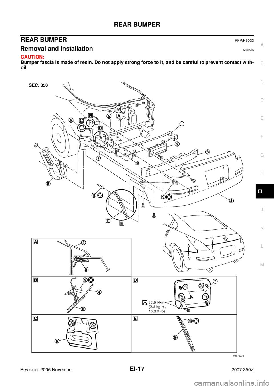 NISSAN 350Z 2007 Z33 Exterior And Interior Workshop Manual REAR BUMPER
EI-17
C
D
E
F
G
H
J
K
L
MA
B
EI
Revision: 2006 November2007 350Z
REAR BUMPERPFP:H5022
Removal and InstallationNIS0008G
CAUTION:
Bumper fascia is made of resin. Do not apply strong force to