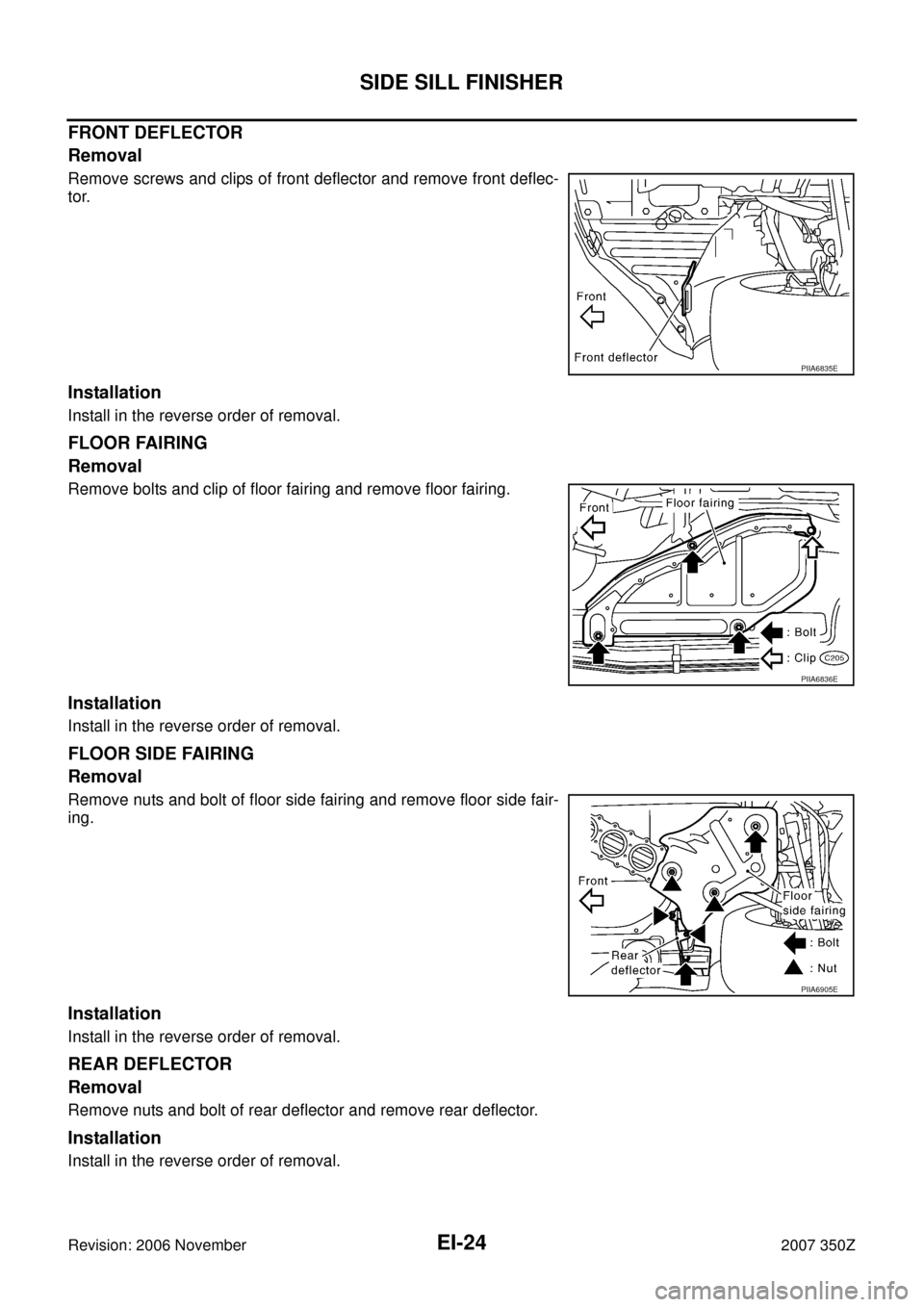 NISSAN 350Z 2007 Z33 Exterior And Interior Workshop Manual EI-24
SIDE SILL FINISHER
Revision: 2006 November2007 350Z
FRONT DEFLECTOR
Removal
Remove screws and clips of front deflector and remove front deflec-
tor.
Installation
Install in the reverse order of 