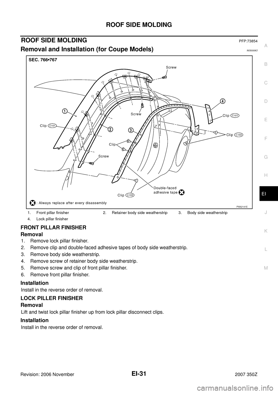NISSAN 350Z 2007 Z33 Exterior And Interior Workshop Manual ROOF SIDE MOLDING
EI-31
C
D
E
F
G
H
J
K
L
MA
B
EI
Revision: 2006 November2007 350Z
ROOF SIDE MOLDINGPFP:73854
Removal and Installation (for Coupe Models)NIS0008O
FRONT PILLAR FINISHER
Removal 
1. Remo