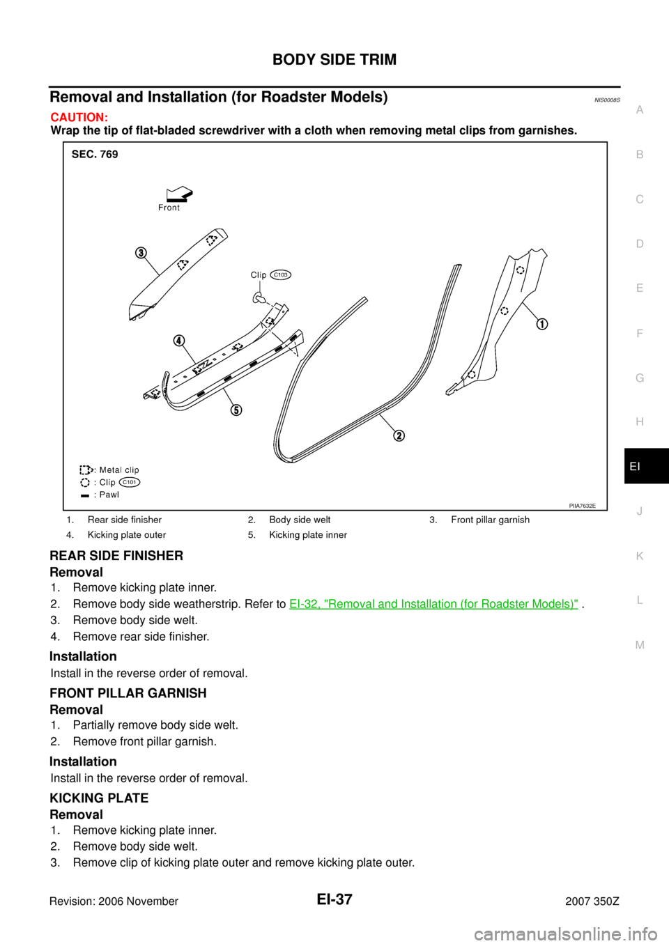 NISSAN 350Z 2007 Z33 Exterior And Interior Workshop Manual BODY SIDE TRIM
EI-37
C
D
E
F
G
H
J
K
L
MA
B
EI
Revision: 2006 November2007 350Z
Removal and Installation (for Roadster Models)NIS0008S
CAUTION:
Wrap the tip of flat-bladed screwdriver with a cloth whe