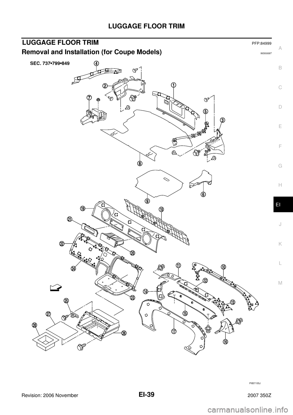 NISSAN 350Z 2007 Z33 Exterior And Interior Workshop Manual LUGGAGE FLOOR TRIM
EI-39
C
D
E
F
G
H
J
K
L
MA
B
EI
Revision: 2006 November2007 350Z
LUGGAGE FLOOR TRIMPFP:84999
Removal and Installation (for Coupe Models)NIS0008T
PIIB7155J 