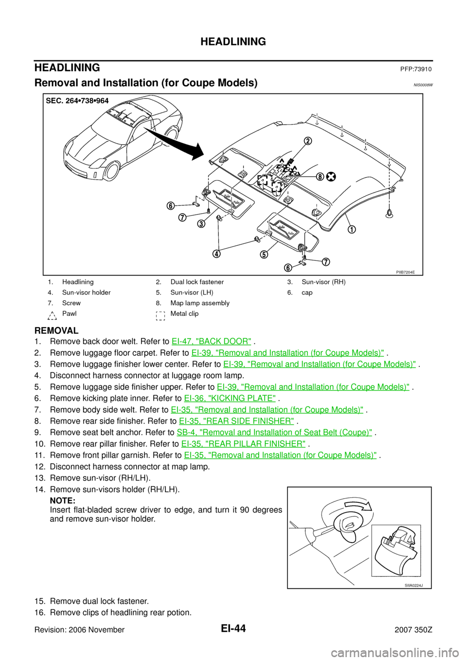 NISSAN 350Z 2007 Z33 Exterior And Interior Workshop Manual EI-44
HEADLINING
Revision: 2006 November2007 350Z
HEADLININGPFP:73910
Removal and Installation (for Coupe Models)NIS0008W
REMOVAL
1. Remove back door welt. Refer to EI-47, "BACK DOOR" .
2. Remove lugg NISSAN 350Z 2007 Z33 Exterior And Interior Workshop Manual EI-44
HEADLINING
Revision: 2006 November2007 350Z
HEADLININGPFP:73910
Removal and Installation (for Coupe Models)NIS0008W
REMOVAL
1. Remove back door welt. Refer to EI-47, "BACK DOOR" .
2. Remove lugg