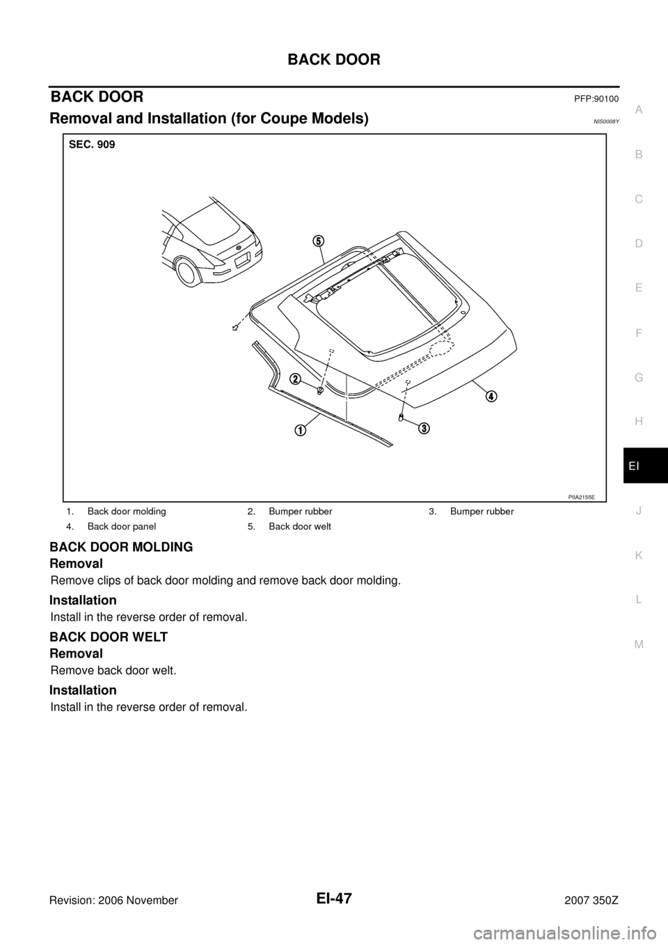 NISSAN 350Z 2007 Z33 Exterior And Interior Workshop Manual BACK DOOR
EI-47
C
D
E
F
G
H
J
K
L
MA
B
EI
Revision: 2006 November2007 350Z
BACK DOORPFP:90100
Removal and Installation (for Coupe Models)NIS0008Y
BACK DOOR MOLDING
Removal
Remove clips of back door mo
