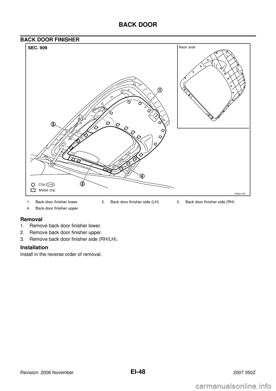 NISSAN 350Z 2007 Z33 Exterior And Interior Workshop Manual EI-48
BACK DOOR
Revision: 2006 November2007 350Z
BACK DOOR FINISHER
Removal
1. Remove back door finisher lower.
2. Remove back door finisher upper.
3. Remove back door finisher side (RH/LH).
Installat