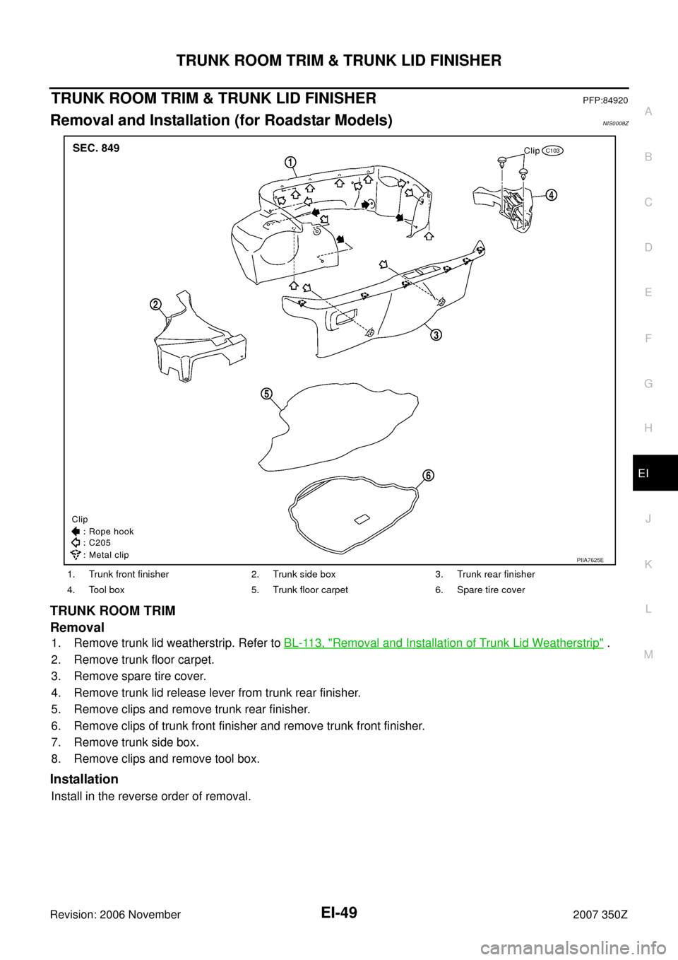 NISSAN 350Z 2007 Z33 Exterior And Interior Workshop Manual TRUNK ROOM TRIM & TRUNK LID FINISHER
EI-49
C
D
E
F
G
H
J
K
L
MA
B
EI
Revision: 2006 November2007 350Z
TRUNK ROOM TRIM & TRUNK LID FINISHERPFP:84920
Removal and Installation (for Roadstar Models)NIS000