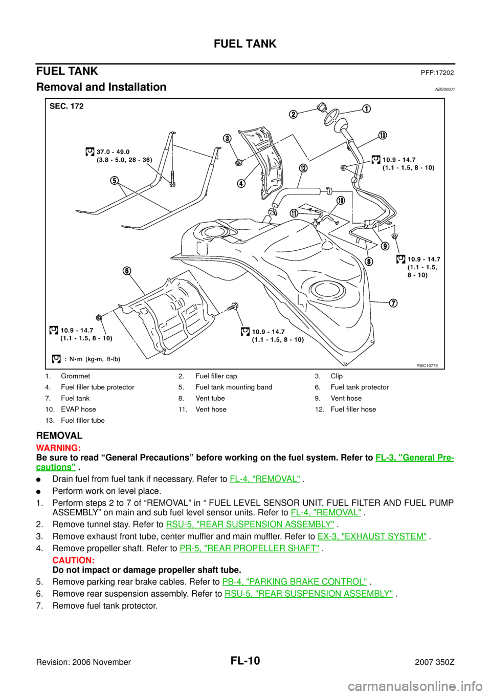 NISSAN 350Z 2007 Z33 Fuel System Workshop Manual FL-10
FUEL TANK
Revision: 2006 November2007 350Z
FUEL TANKPFP:17202
Removal and InstallationNBS000J1
REMOVAL
WARNING:
Be sure to read “General Precautions” before working on the fuel system. Refer NISSAN 350Z 2007 Z33 Fuel System Workshop Manual FL-10
FUEL TANK
Revision: 2006 November2007 350Z
FUEL TANKPFP:17202
Removal and InstallationNBS000J1
REMOVAL
WARNING:
Be sure to read “General Precautions” before working on the fuel system. Refer