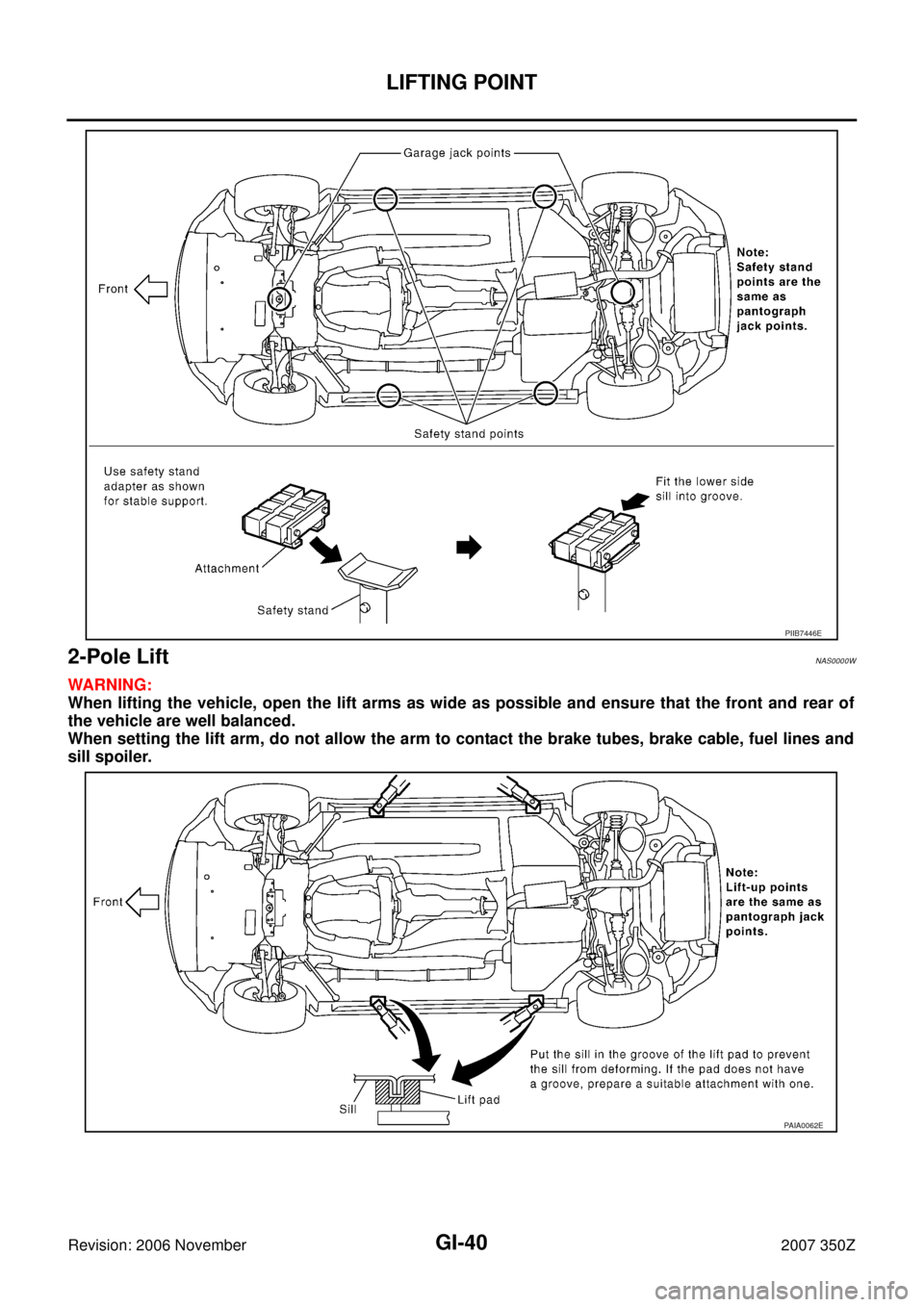 NISSAN 350Z 2007 Z33 General Information Workshop Manual GI-40
LIFTING POINT
Revision: 2006 November2007 350Z
2-Pole Lift NAS0000W
WARNING:
When lifting the vehicle, open the lift arms as wide as possible and ensure that the front and rear of
the vehicle ar