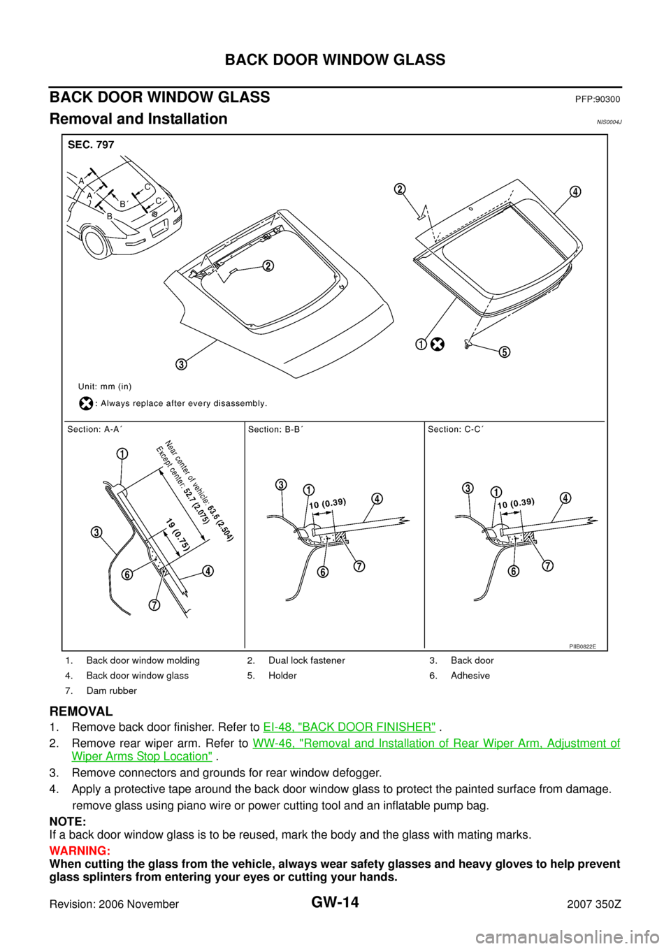 NISSAN 350Z 2007 Z33 Glasses, Windows System And Mirrors Workshop Manual GW-14
BACK DOOR WINDOW GLASS
Revision: 2006 November2007 350Z
BACK DOOR WINDOW GLASSPFP:90300
Removal and InstallationNIS0004J
REMOVAL
1. Remove back door finisher. Refer to EI-48, "BACK DOOR FINISHER