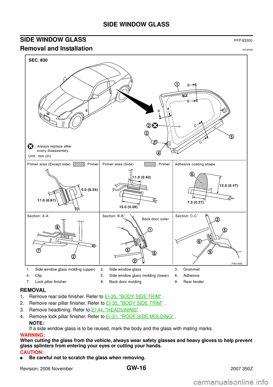 NISSAN 350Z 2007 Z33 Glasses, Windows System And Mirrors Workshop Manual GW-16
SIDE WINDOW GLASS
Revision: 2006 November2007 350Z
SIDE WINDOW GLASSPFP:83300
Removal and InstallationNIS0004K
REMOVAL
1. Remove rear side finisher. Refer to EI-35, "BODY SIDE TRIM" .
2. Remove 