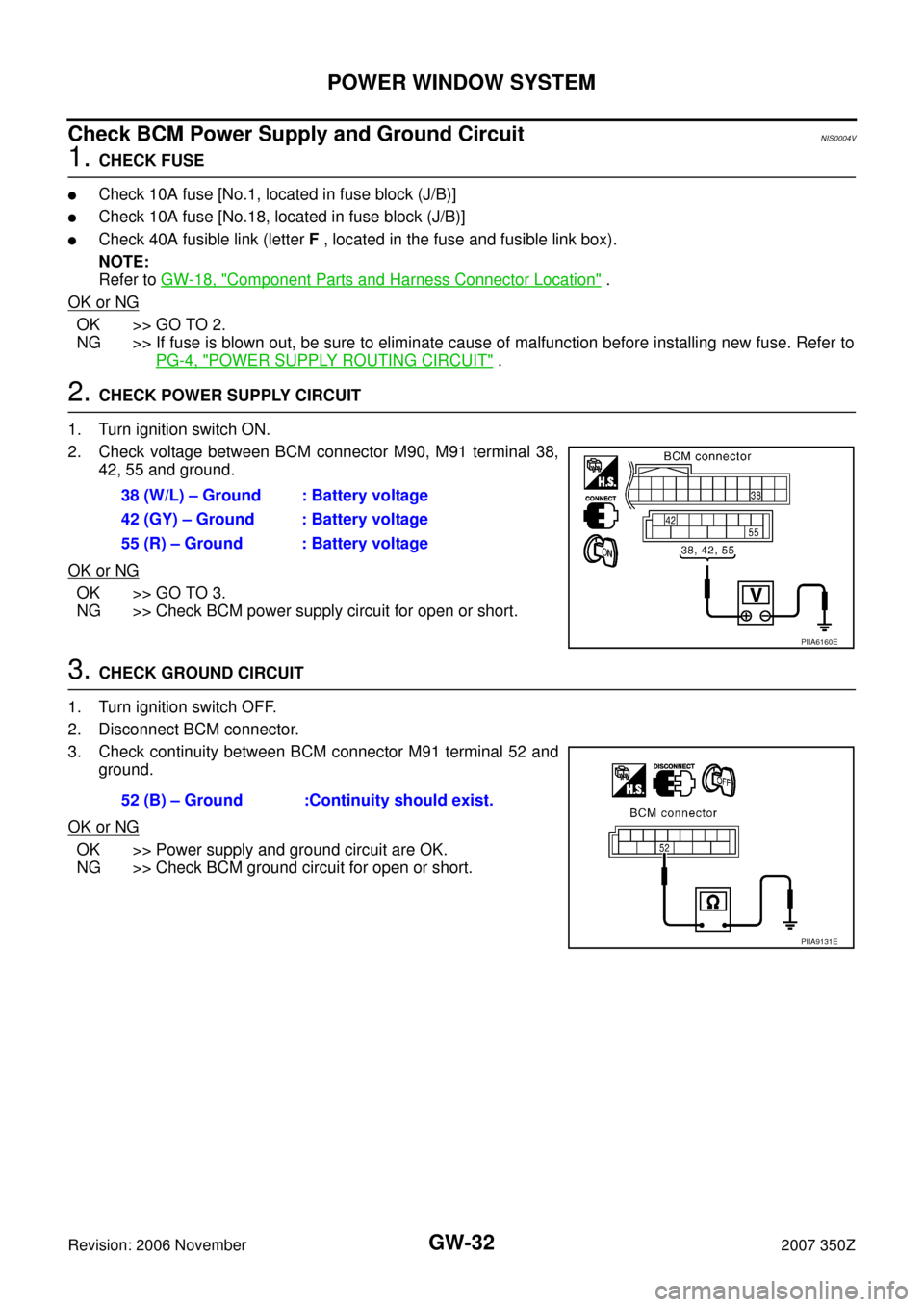 NISSAN 350Z 2007 Z33 Glasses, Windows System And Mirrors Workshop Manual GW-32
POWER WINDOW SYSTEM
Revision: 2006 November2007 350Z
Check BCM Power Supply and Ground CircuitNIS0004V
1. CHECK FUSE
Check 10A fuse [No.1, located in fuse block (J/B)]
Check 10A fuse [No.18, l