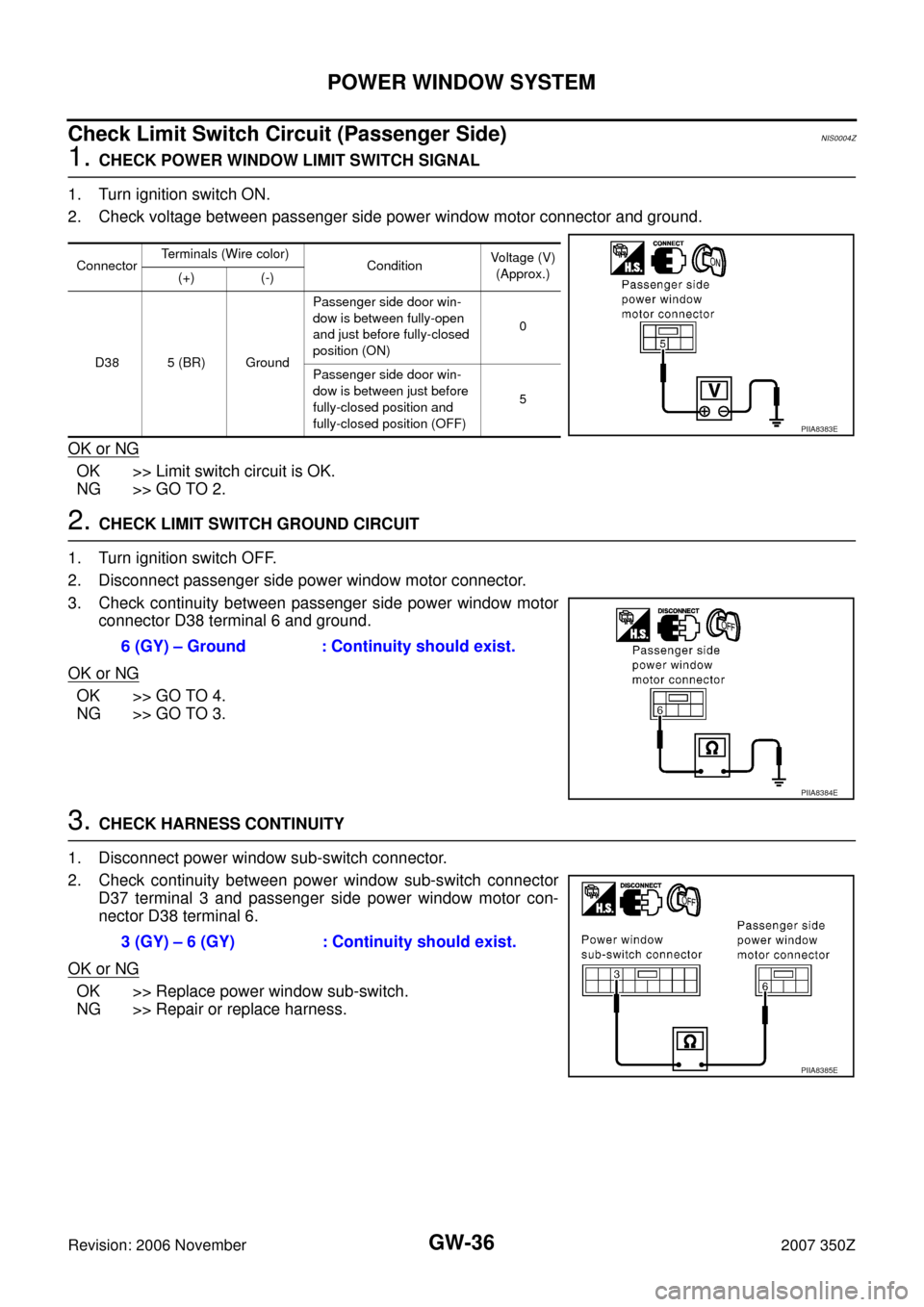 NISSAN 350Z 2007 Z33 Glasses, Windows System And Mirrors Workshop Manual GW-36
POWER WINDOW SYSTEM
Revision: 2006 November2007 350Z
Check Limit Switch Circuit (Passenger Side)NIS0004Z
1. CHECK POWER WINDOW LIMIT SWITCH SIGNAL
1. Turn ignition switch ON.
2. Check voltage be NISSAN 350Z 2007 Z33 Glasses, Windows System And Mirrors Workshop Manual GW-36
POWER WINDOW SYSTEM
Revision: 2006 November2007 350Z
Check Limit Switch Circuit (Passenger Side)NIS0004Z
1. CHECK POWER WINDOW LIMIT SWITCH SIGNAL
1. Turn ignition switch ON.
2. Check voltage be