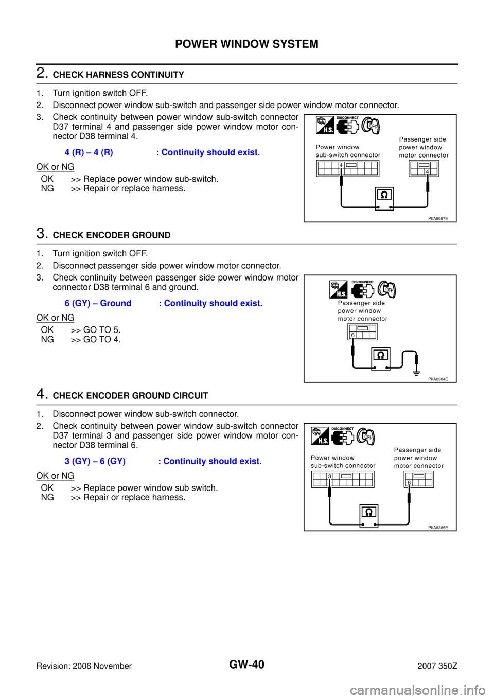 NISSAN 350Z 2007 Z33 Glasses, Windows System And Mirrors Workshop Manual GW-40
POWER WINDOW SYSTEM
Revision: 2006 November2007 350Z
2. CHECK HARNESS CONTINUITY
1. Turn ignition switch OFF.
2. Disconnect power window sub-switch and passenger side power window motor connecto NISSAN 350Z 2007 Z33 Glasses, Windows System And Mirrors Workshop Manual GW-40
POWER WINDOW SYSTEM
Revision: 2006 November2007 350Z
2. CHECK HARNESS CONTINUITY
1. Turn ignition switch OFF.
2. Disconnect power window sub-switch and passenger side power window motor connecto
