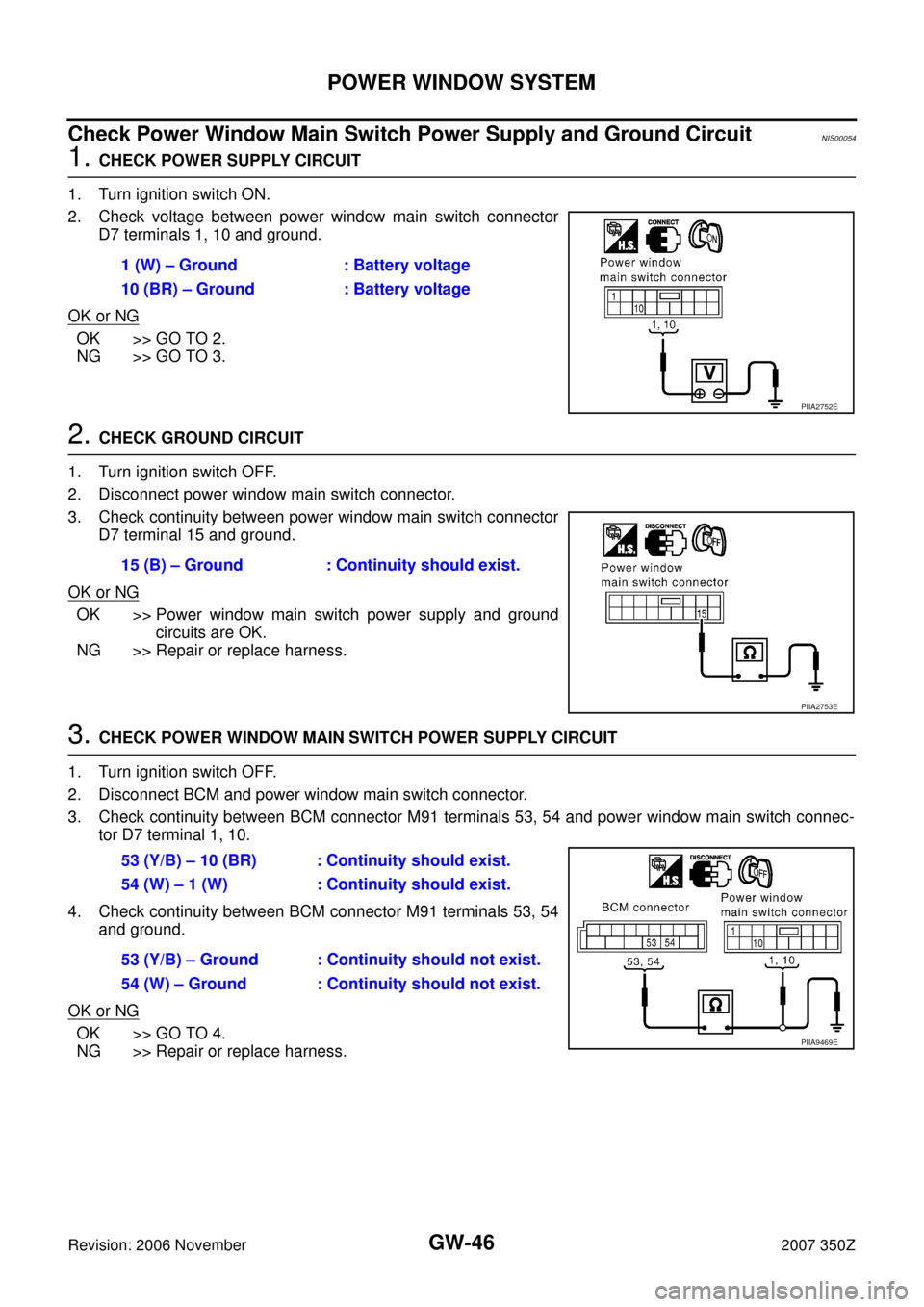 NISSAN 350Z 2007 Z33 Glasses, Windows System And Mirrors Workshop Manual GW-46
POWER WINDOW SYSTEM
Revision: 2006 November2007 350Z
Check Power Window Main Switch Power Supply and Ground CircuitNIS00054
1. CHECK POWER SUPPLY CIRCUIT
1. Turn ignition switch ON.
2. Check vo NISSAN 350Z 2007 Z33 Glasses, Windows System And Mirrors Workshop Manual GW-46
POWER WINDOW SYSTEM
Revision: 2006 November2007 350Z
Check Power Window Main Switch Power Supply and Ground CircuitNIS00054
1. CHECK POWER SUPPLY CIRCUIT
1. Turn ignition switch ON.
2. Check vo