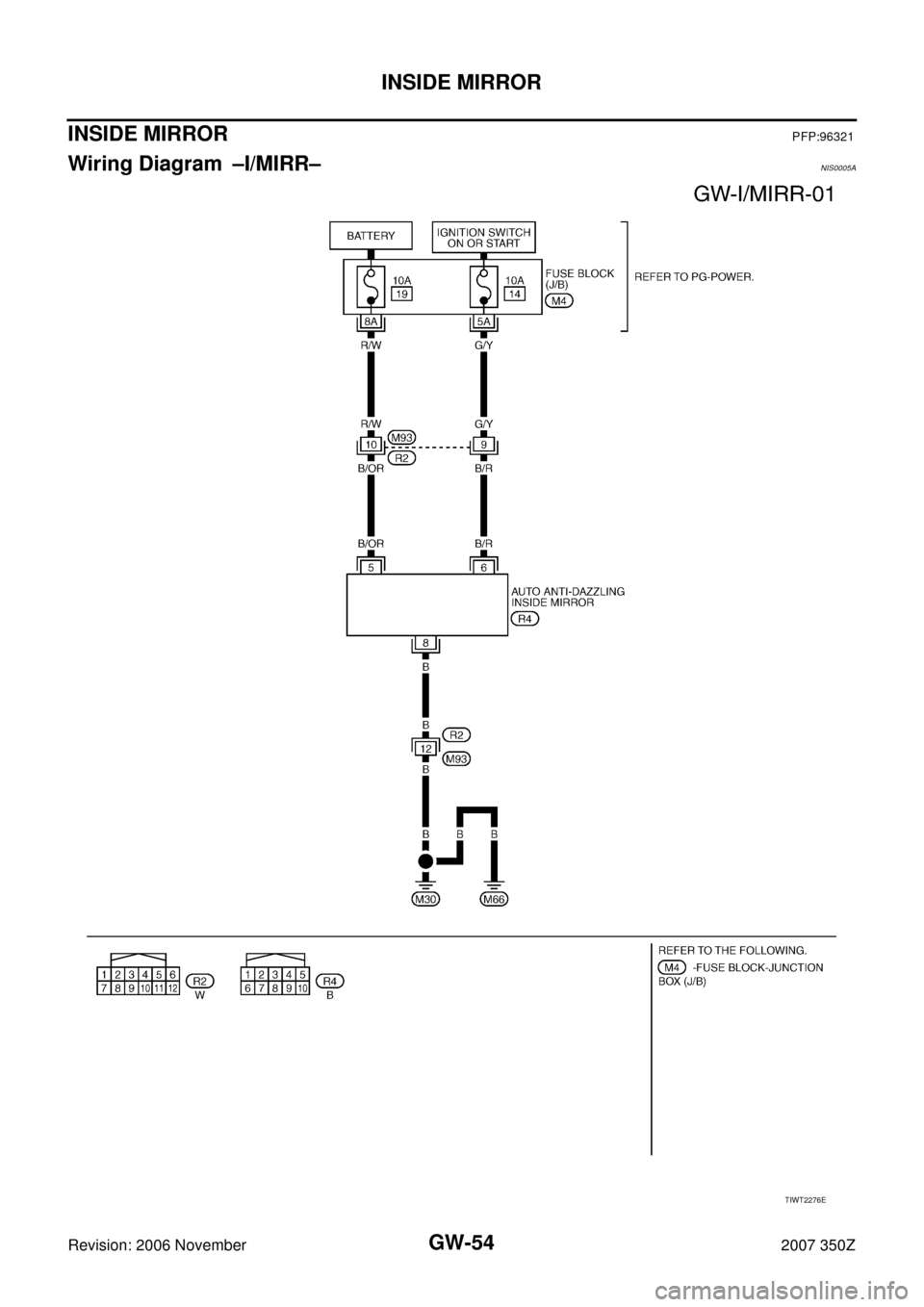 NISSAN 350Z 2007 Z33 Glasses, Windows System And Mirrors Workshop Manual GW-54
INSIDE MIRROR
Revision: 2006 November2007 350Z
INSIDE MIRRORPFP:96321
Wiring Diagram –I/MIRR–NIS0005A
TIWT2276E 