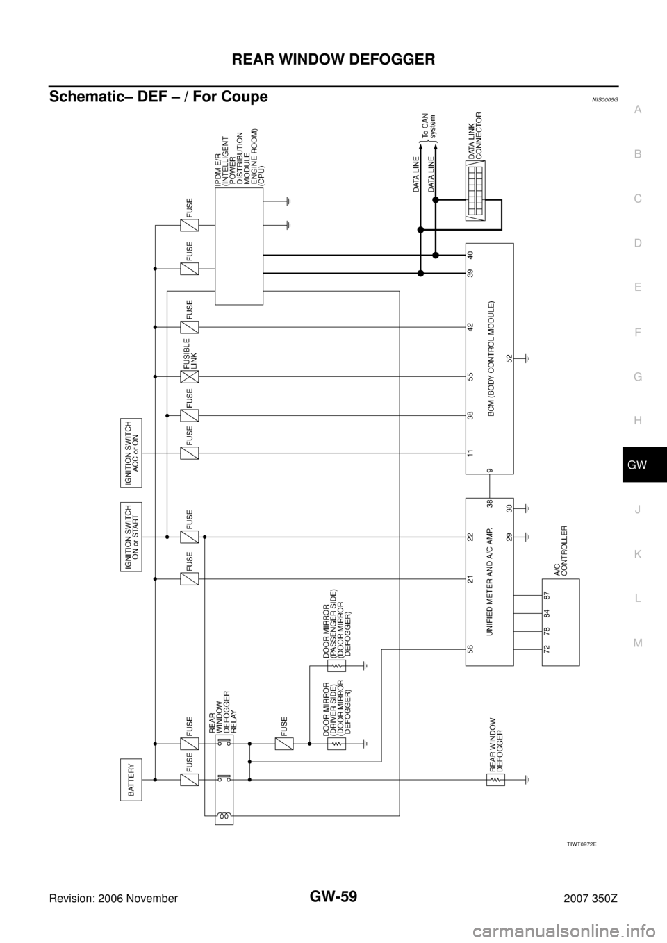 NISSAN 350Z 2007 Z33 Glasses, Windows System And Mirrors Workshop Manual REAR WINDOW DEFOGGER
GW-59
C
D
E
F
G
H
J
K
L
MA
B
GW
Revision: 2006 November2007 350Z
Schematic– DEF – / For CoupeNIS0005G
TIWT0972E 