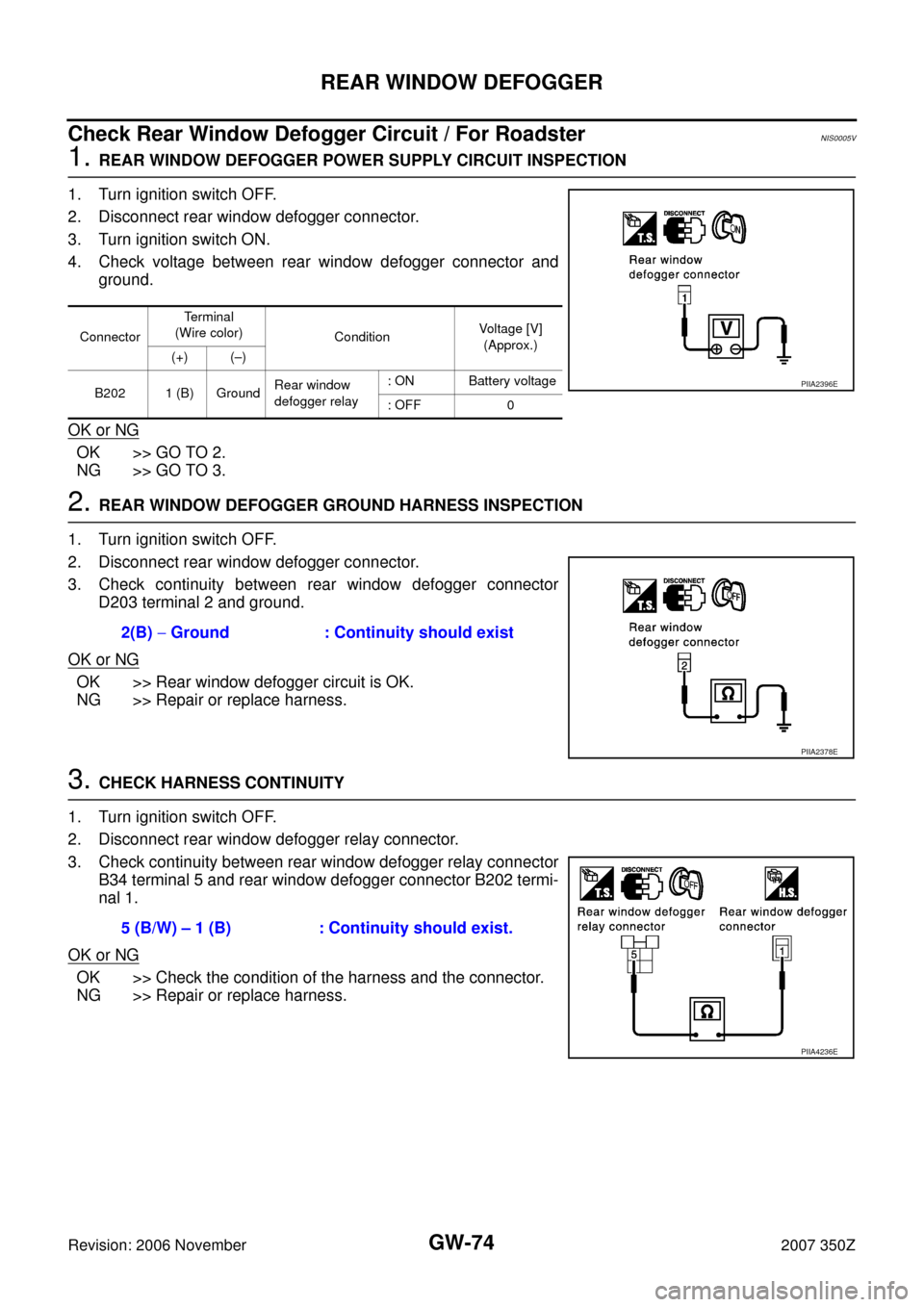 NISSAN 350Z 2007 Z33 Glasses, Windows System And Mirrors Workshop Manual GW-74
REAR WINDOW DEFOGGER
Revision: 2006 November2007 350Z
Check Rear Window Defogger Circuit / For RoadsterNIS0005V
1. REAR WINDOW DEFOGGER POWER SUPPLY CIRCUIT INSPECTION
1. Turn ignition switch OF