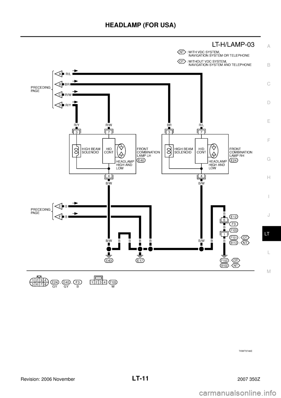 NISSAN 350Z 2007 Z33 Lighting System Workshop Manual HEADLAMP (FOR USA)
LT-11
C
D
E
F
G
H
I
J
L
MA
B
LT
Revision: 2006 November2007 350Z
TKWT5746E 