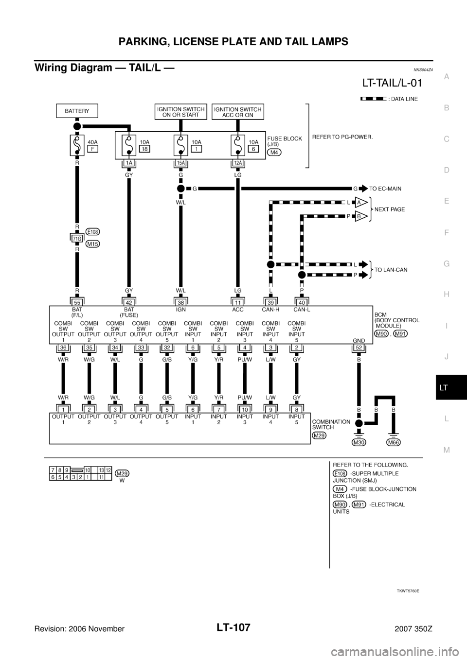 NISSAN 350Z 2007 Z33 Lighting System Workshop Manual PARKING, LICENSE PLATE AND TAIL LAMPS
LT-107
C
D
E
F
G
H
I
J
L
MA
B
LT
Revision: 2006 November2007 350Z
Wiring Diagram — TAIL/L —NKS004Z4
TKWT5760E 