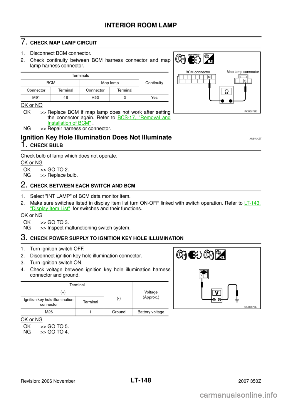 NISSAN 350Z 2007 Z33 Lighting System Workshop Manual LT-148
INTERIOR ROOM LAMP
Revision: 2006 November2007 350Z
7. CHECK MAP LAMP CIRCUIT
1. Disconnect BCM connector.
2. Check continuity between BCM harness connector and map
lamp harness connector.
OK o