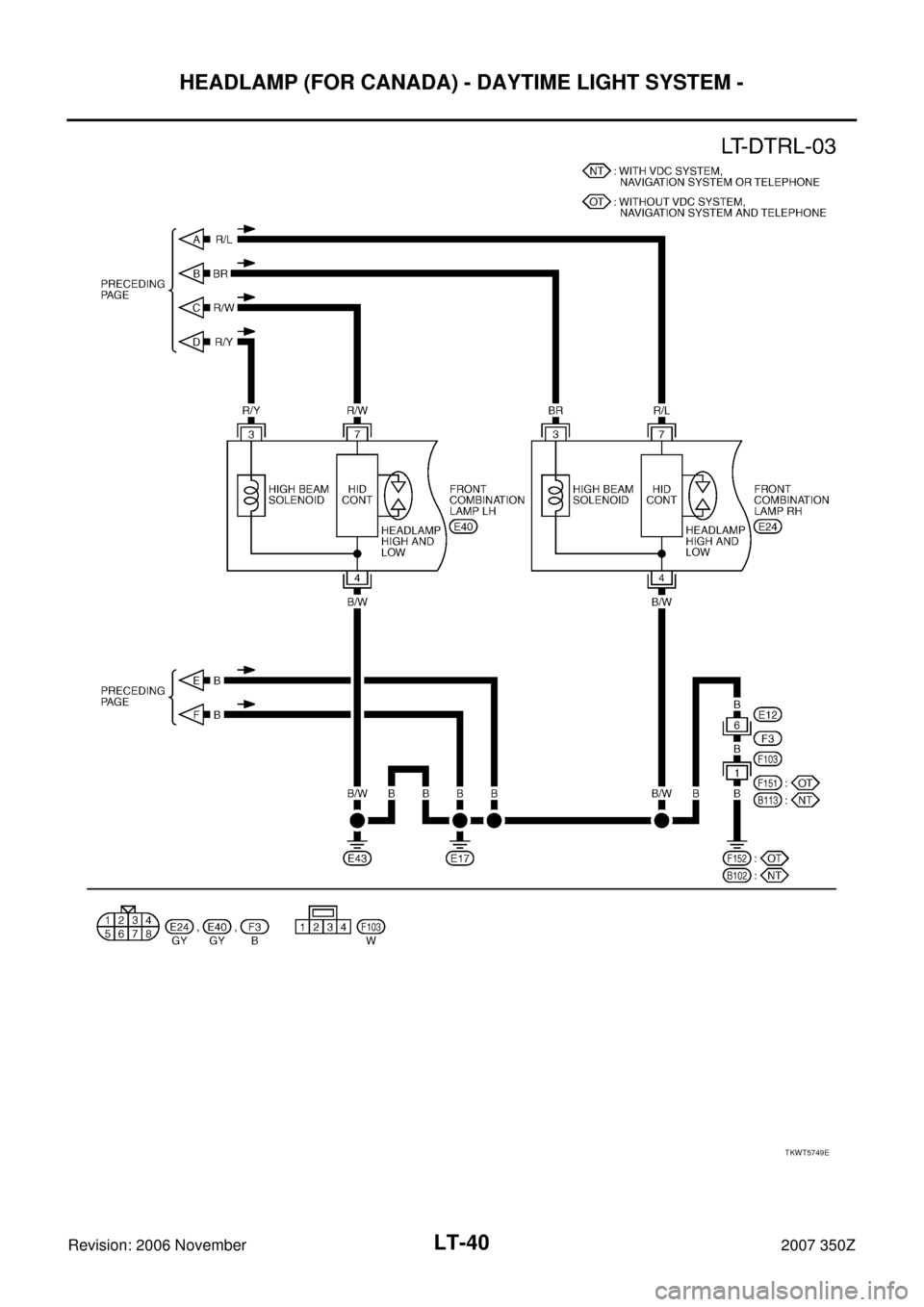 NISSAN 350Z 2007 Z33 Lighting System Workshop Manual LT-40
HEADLAMP (FOR CANADA) - DAYTIME LIGHT SYSTEM -
Revision: 2006 November2007 350Z
TKWT5749E 