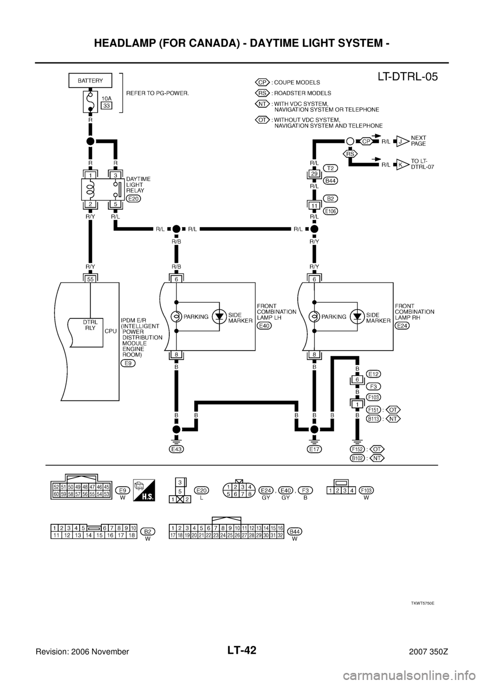NISSAN 350Z 2007 Z33 Lighting System Workshop Manual LT-42
HEADLAMP (FOR CANADA) - DAYTIME LIGHT SYSTEM -
Revision: 2006 November2007 350Z
TKWT5750E 