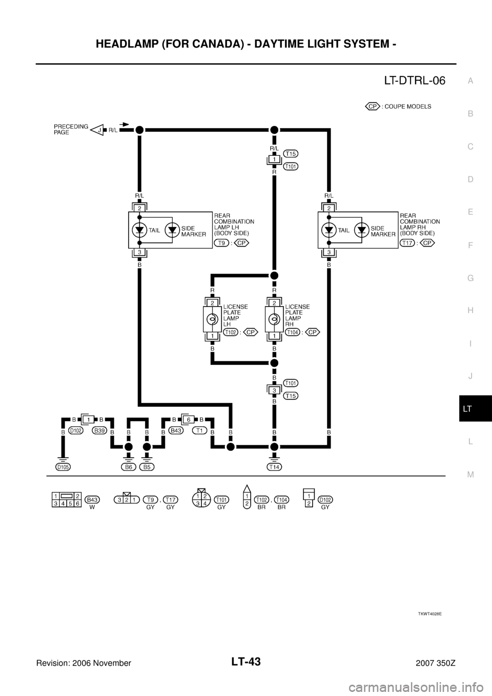NISSAN 350Z 2007 Z33 Lighting System Workshop Manual HEADLAMP (FOR CANADA) - DAYTIME LIGHT SYSTEM -
LT-43
C
D
E
F
G
H
I
J
L
MA
B
LT
Revision: 2006 November2007 350Z
TKWT4028E 