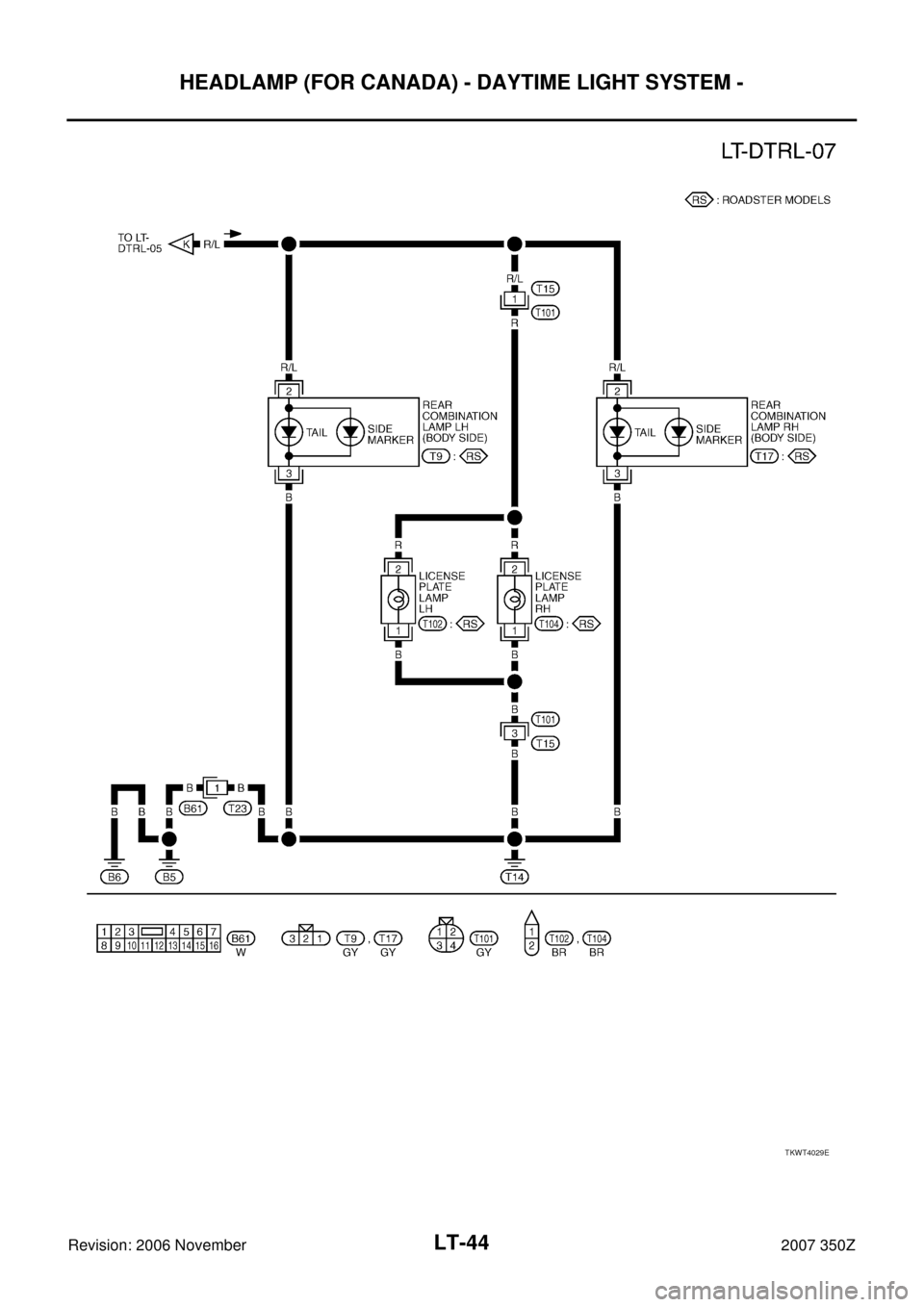 NISSAN 350Z 2007 Z33 Lighting System Workshop Manual LT-44
HEADLAMP (FOR CANADA) - DAYTIME LIGHT SYSTEM -
Revision: 2006 November2007 350Z
TKWT4029E 