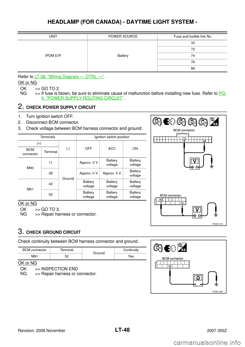 NISSAN 350Z 2007 Z33 Lighting System Workshop Manual LT-48
HEADLAMP (FOR CANADA) - DAYTIME LIGHT SYSTEM -
Revision: 2006 November2007 350Z
Refer to LT- 3 8 ,  "Wiring Diagram — DTRL —" .
OK or NG
OK >> GO TO 2.
NG >> If fuse is blown, be sure to eli