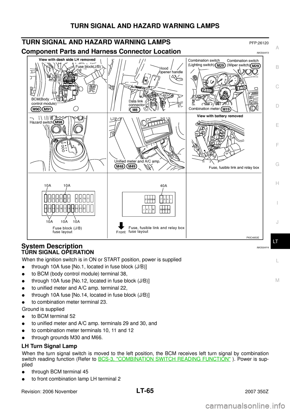 NISSAN 350Z 2007 Z33 Lighting System Workshop Manual TURN SIGNAL AND HAZARD WARNING LAMPS
LT-65
C
D
E
F
G
H
I
J
L
MA
B
LT
Revision: 2006 November2007 350Z
TURN SIGNAL AND HAZARD WARNING LAMPSPFP:26120
Component Parts and Harness Connector LocationNKS004