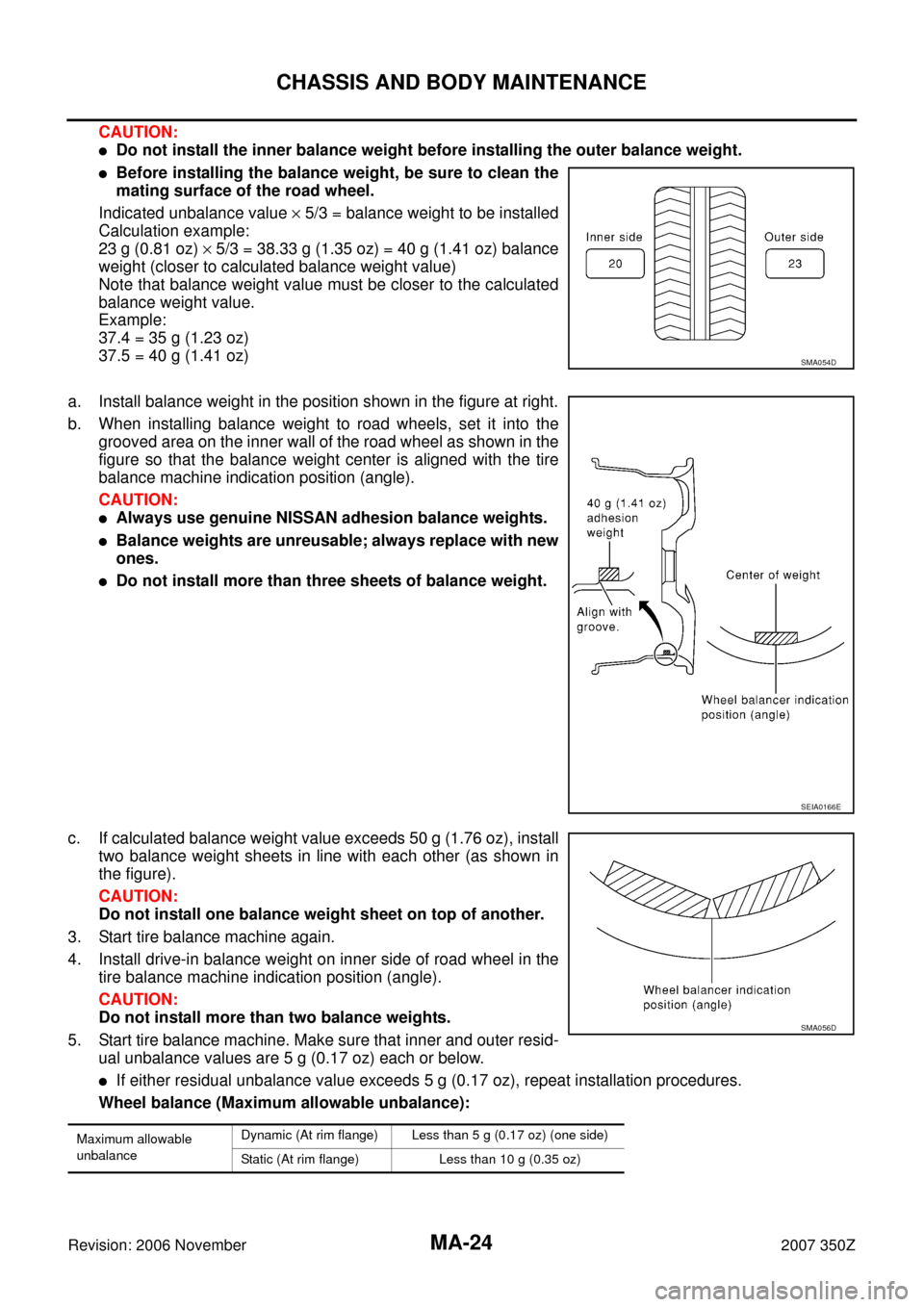 NISSAN 350Z 2007 Z33 Maintenance Workshop Manual MA-24
CHASSIS AND BODY MAINTENANCE
Revision: 2006 November2007 350Z
CAUTION:
Do not install the inner balance weight before installing the outer balance weight.
Before installing the balance weight,