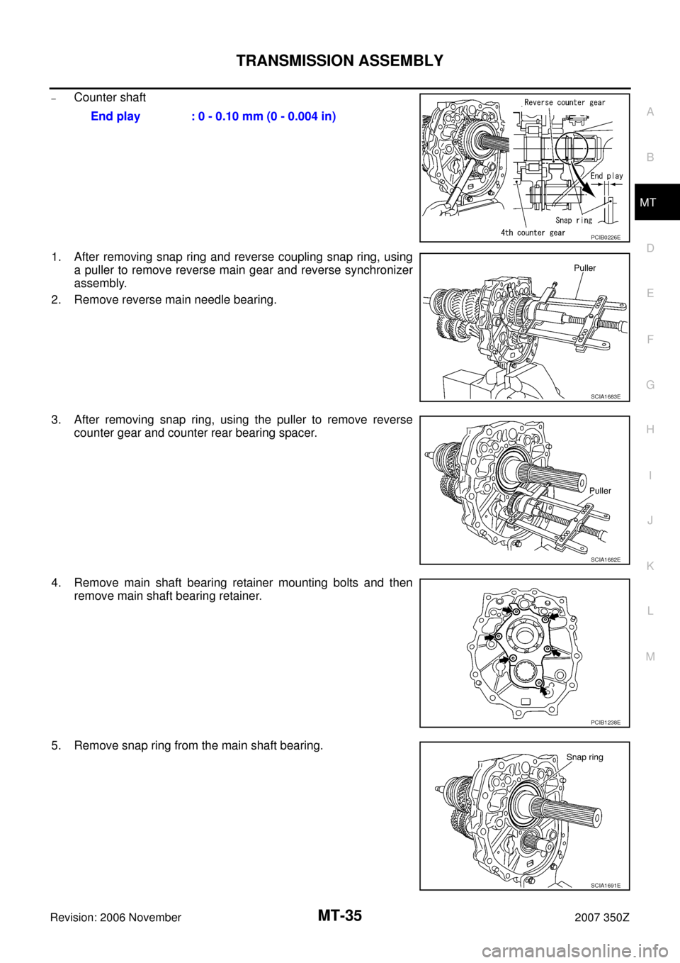 NISSAN 350Z 2007 Z33 Manual Transmission Workshop Manual TRANSMISSION ASSEMBLY
MT-35
D
E
F
G
H
I
J
K
L
MA
B
MT
Revision: 2006 November2007 350Z
–Counter shaft
1. After removing snap ring and reverse coupling snap ring, using
a puller to remove reverse mai